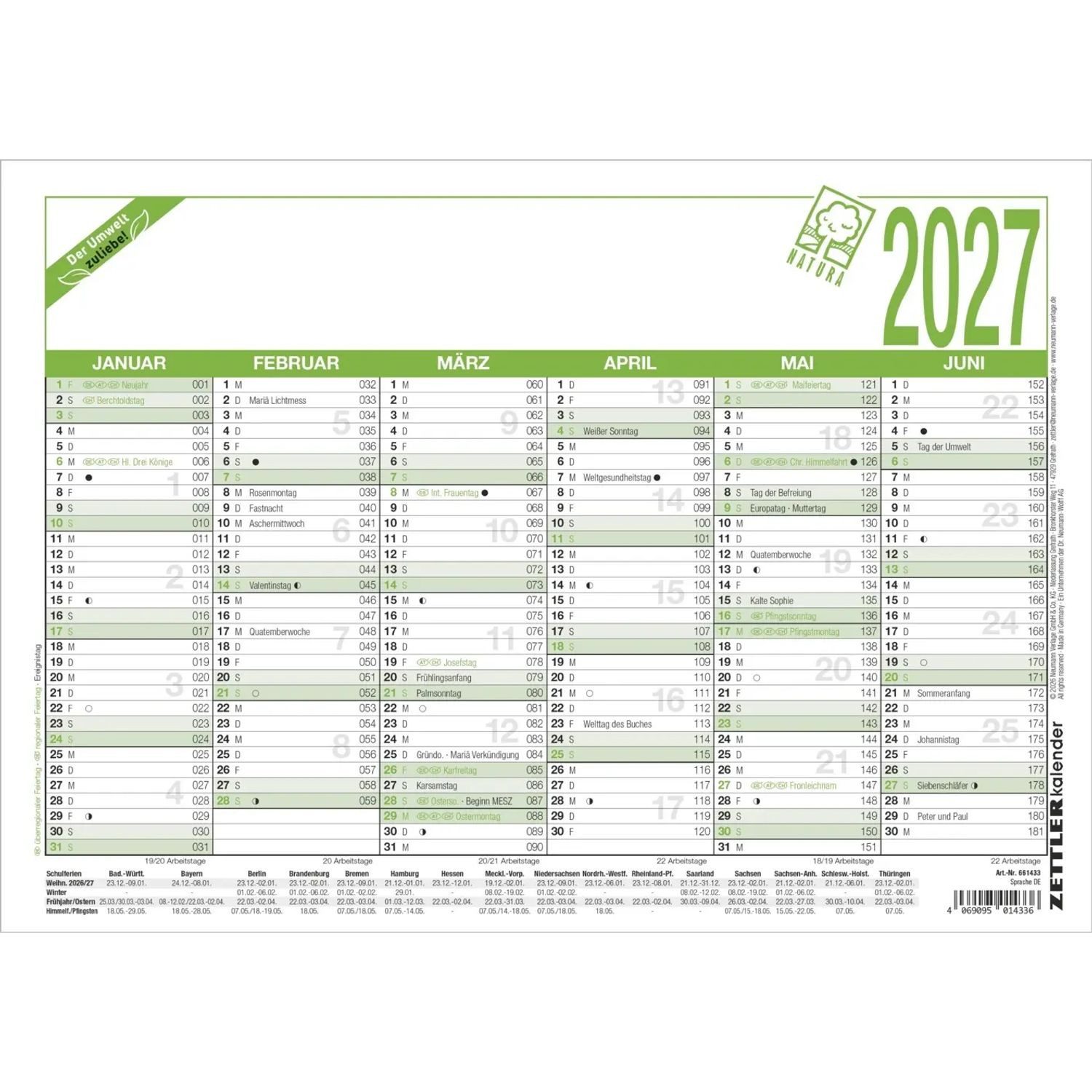 NEUMANN Wandkalender Arbeitstagekalender A4 Blauer Engel 2027