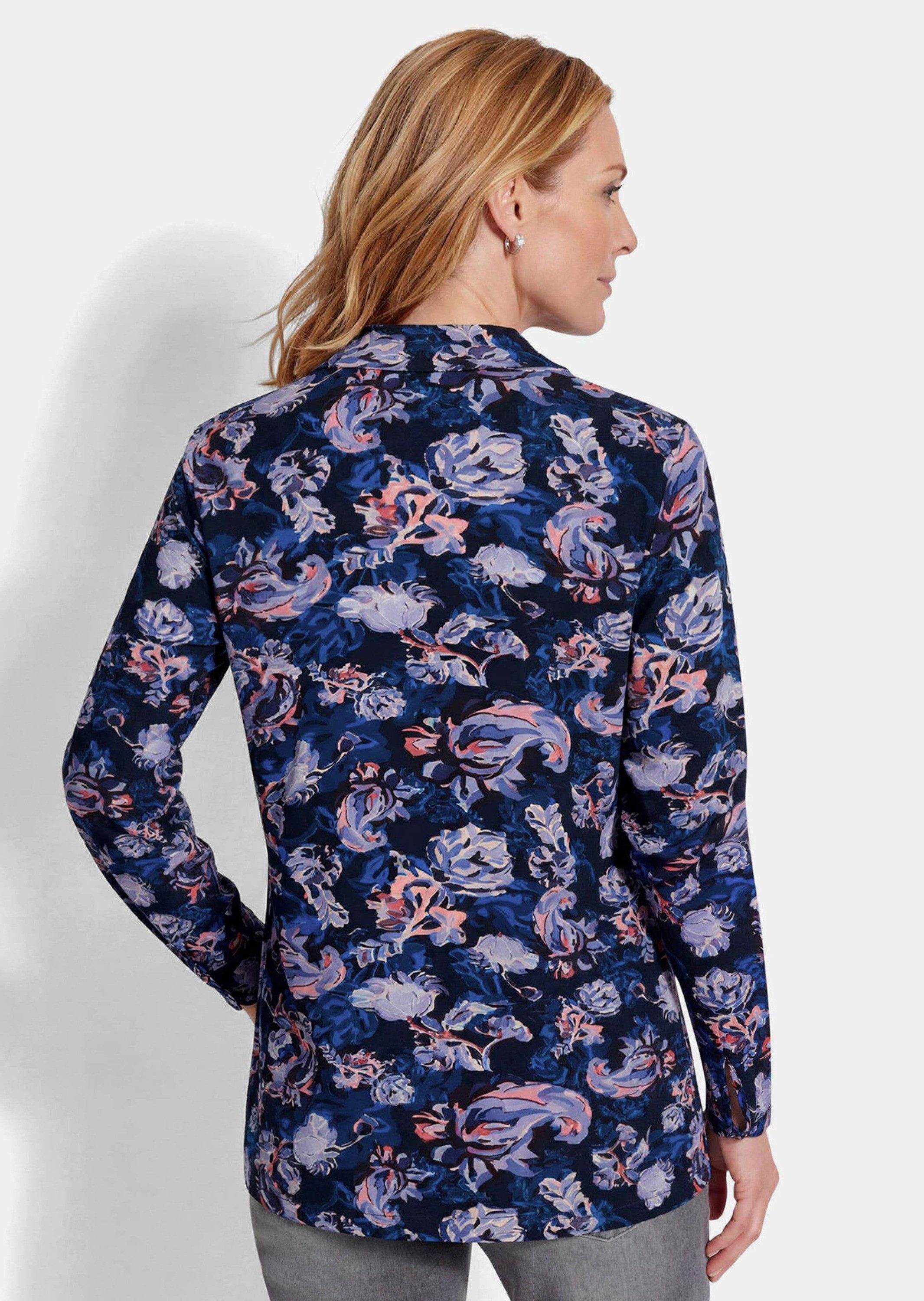 GOLDNER Print-Shirt Knotenshirt mit Stehkragen Gerades Jersey-Oberteil mit floralem Druck und schmaler Manschette