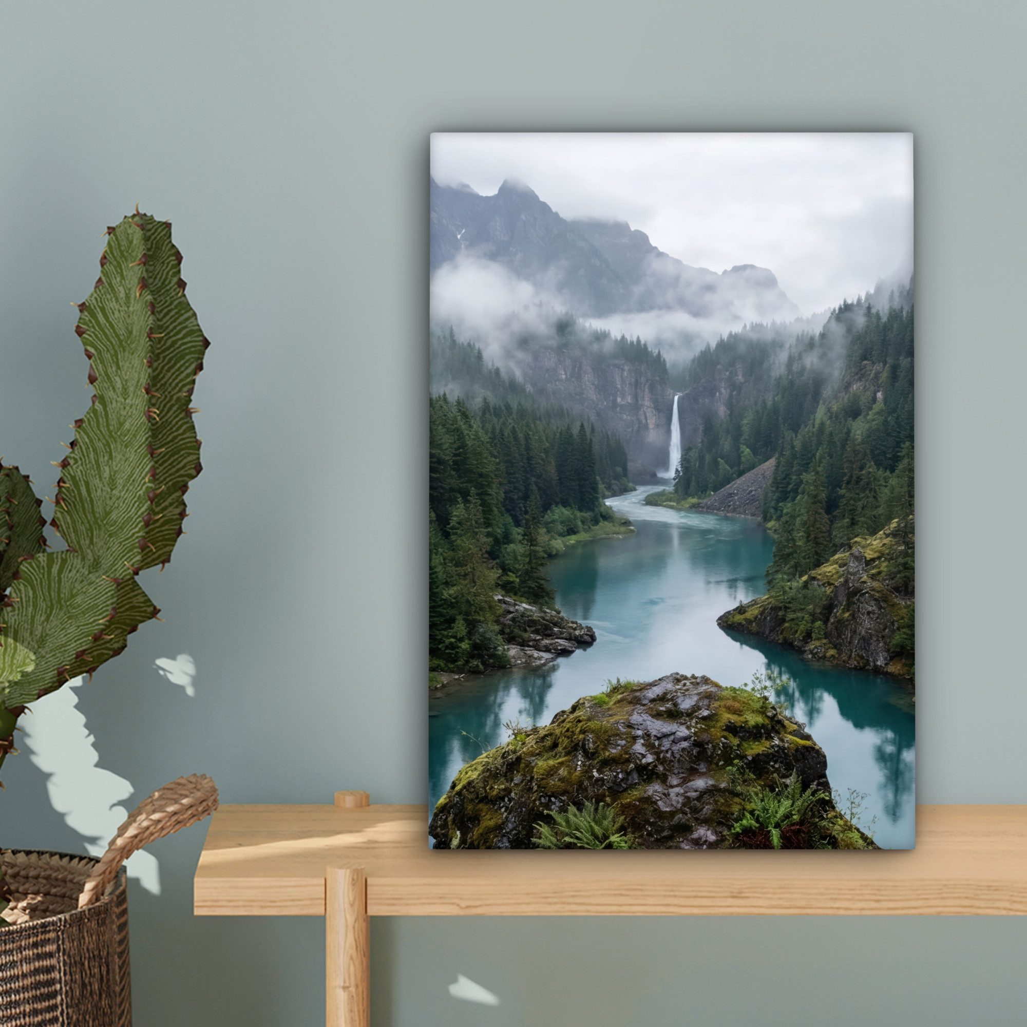 OneMillionCanvasses® Leinwandbild Wasserfall - Bäume - Berge, Fotodruck (1 St), Leinwand Canvas Wandbild, Wanddekoration 20x30 cm – Bild 4 von 5