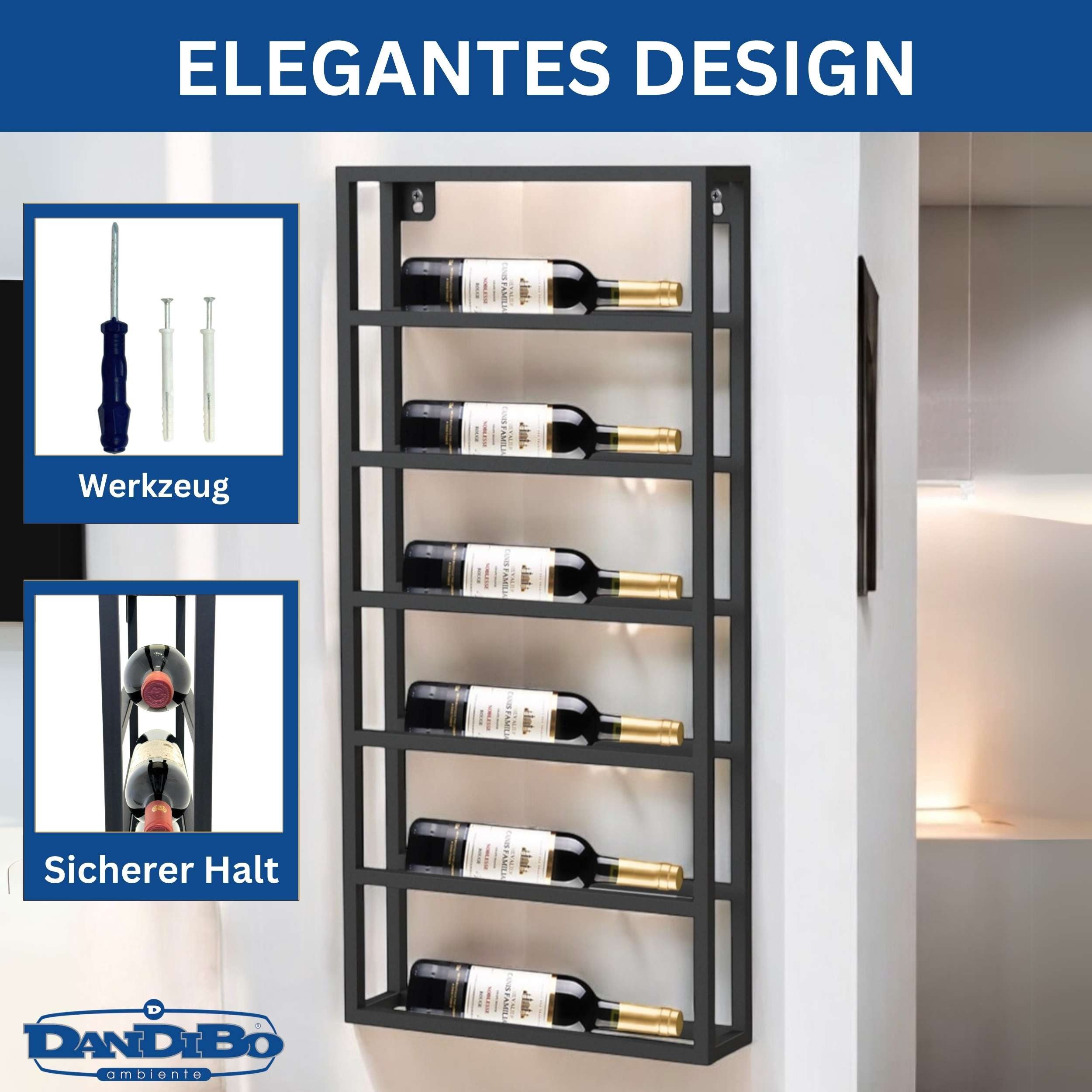 DanDiBo Weinregal Wand Metall Schwarz Design 96603 Flaschenregal Weinflaschenhalter, Weinhalter Flaschenhalter Wandmontage