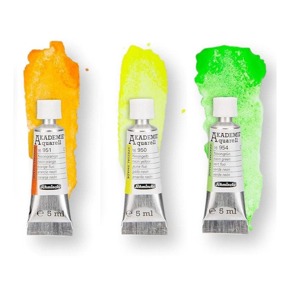 Schmincke Aquarellfarbe Akademie®, fluoreszierende limit. Neonfarben, 5 ml Alutube, 3er Set