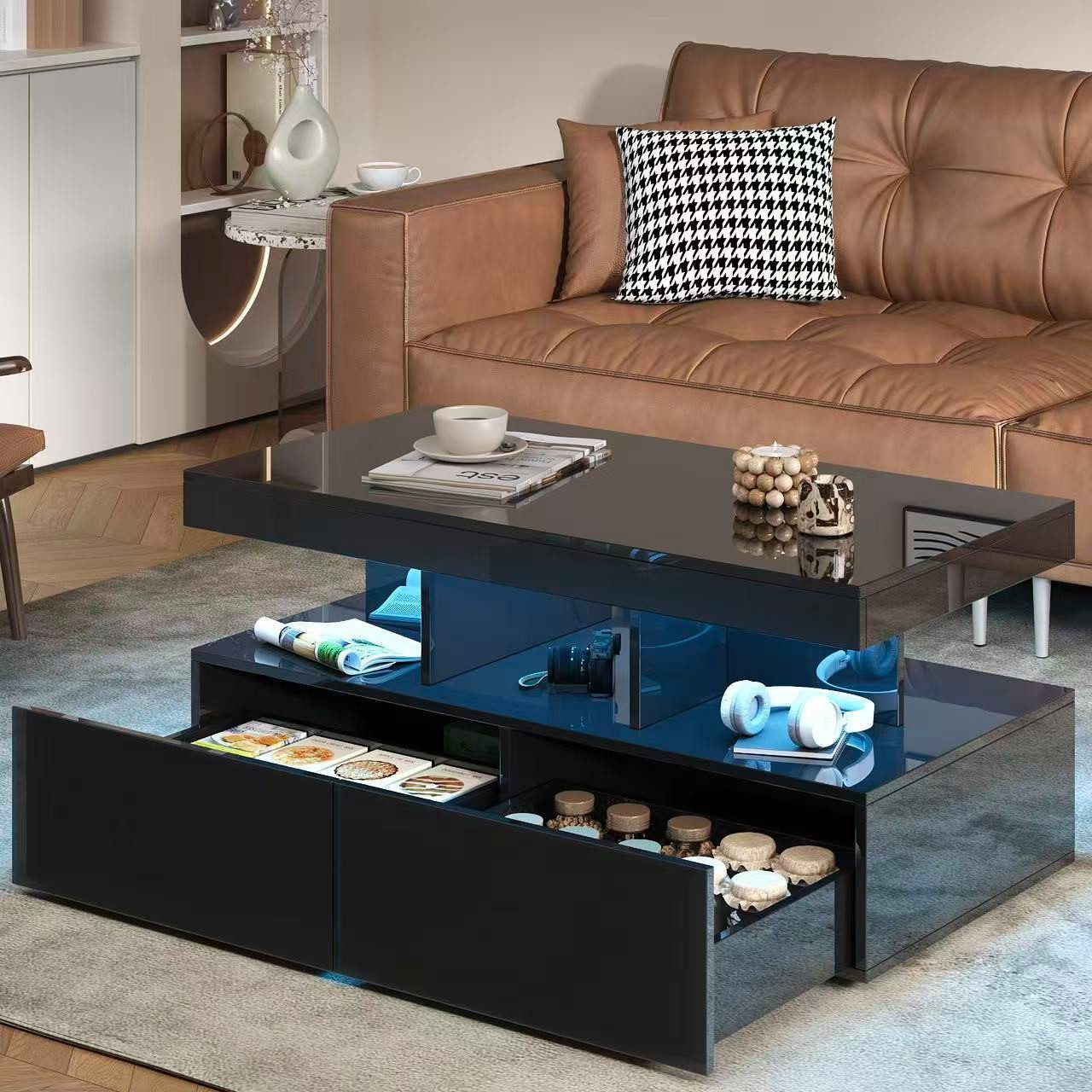 Furnishings Home Couchtisch Ablagetisch LED Beistelltisch Breite 100 cm (Hochglänzender quadratischer, 104x53x46 cm), Mit Schubladen und 16-farbigen variablen LED-Leuchten