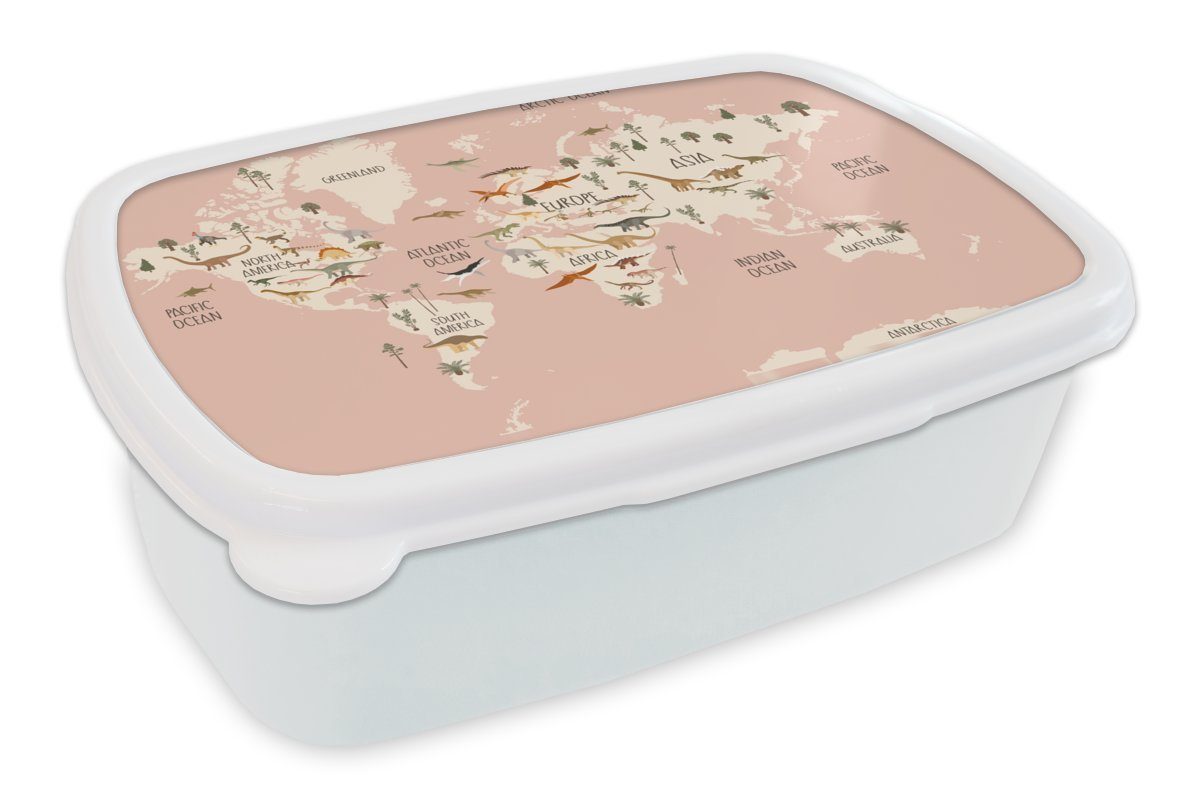 MuchoWow Lunchbox Weltkarte - Kinderzimmer - Dino's - Mädchen - Kinder - Rosa, Kunststoff, (2-tlg), Brotbox für Kinder und Erwachsene, Brotdose, für Jungs und Mädchen weiß