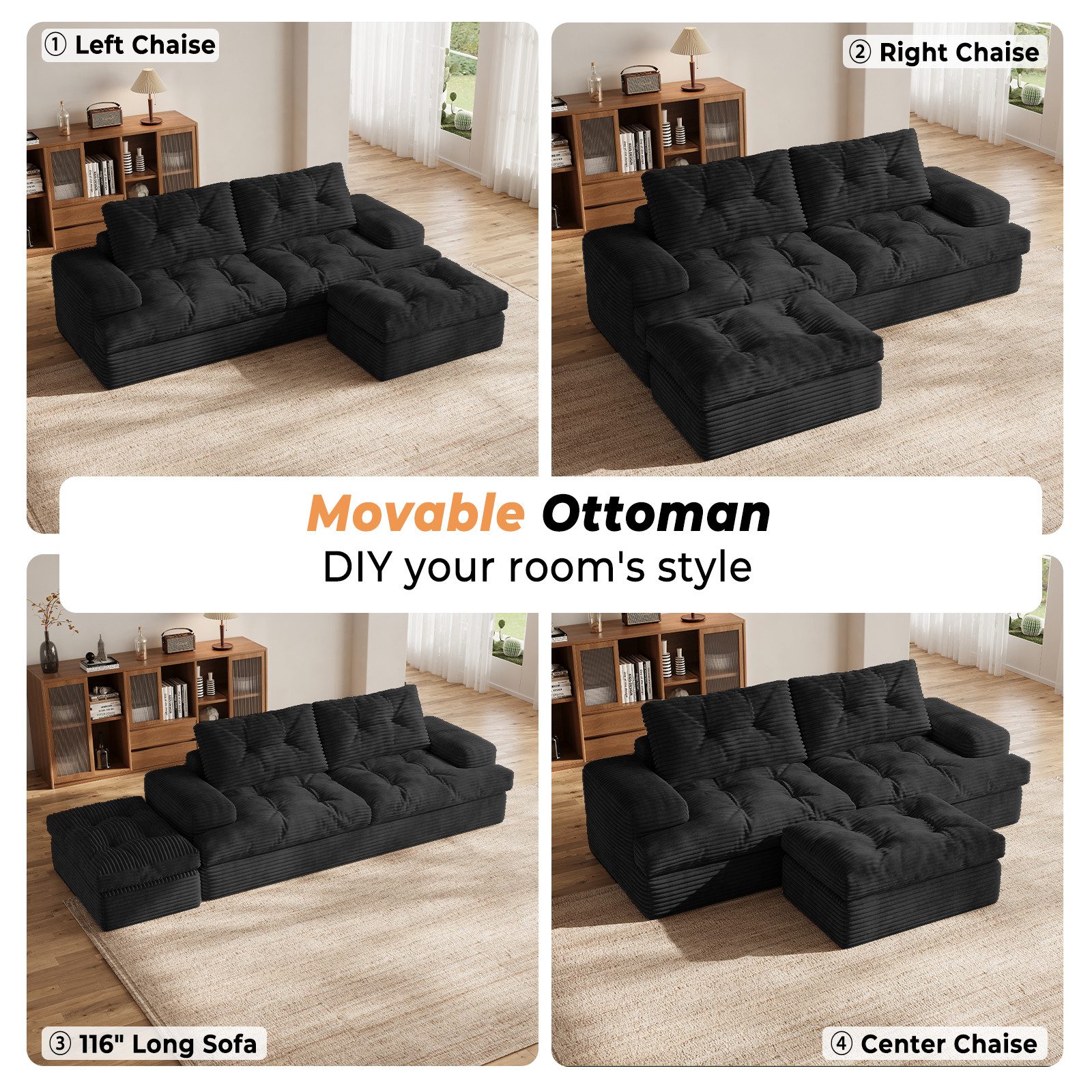 Patbrela Ecksofa Couch L-Form,Sofa Samtstoff Vierersofa mit Liegefläche, Modulares 85-Zoll-Wohnzimmer-Sofaset,Groß und bequem