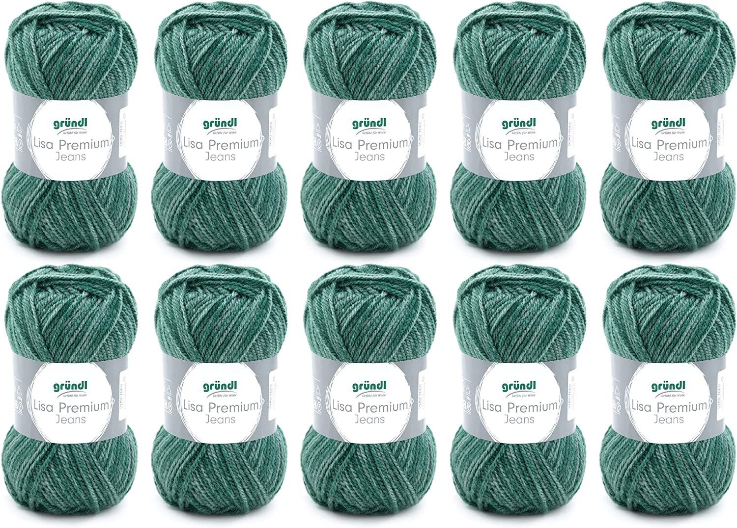 Gründl Lisa Premium Jeans Wolle zum Stricken Häkeln Woll-Paket 10x50g Häkelwolle, (Strickgarn, Strickwolle), Handstrickgarn zum Handarbeiten
