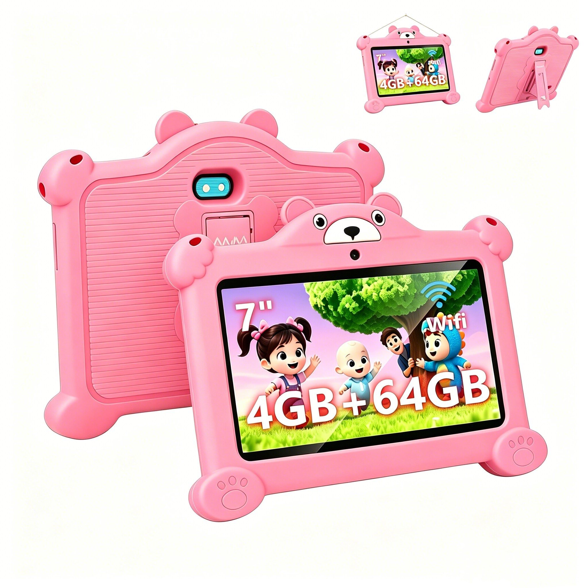 LETGOSPT 7 Zoll 4GB+64GB WiFi Bluetooth IPS HD-Display Android 15 Kinder Tablet (7", 64 GB, Android 15, WiFi, ab 3 Jahren Dual-Kamera mit Hülle & Stift, Google Kids Space Gemini AI)