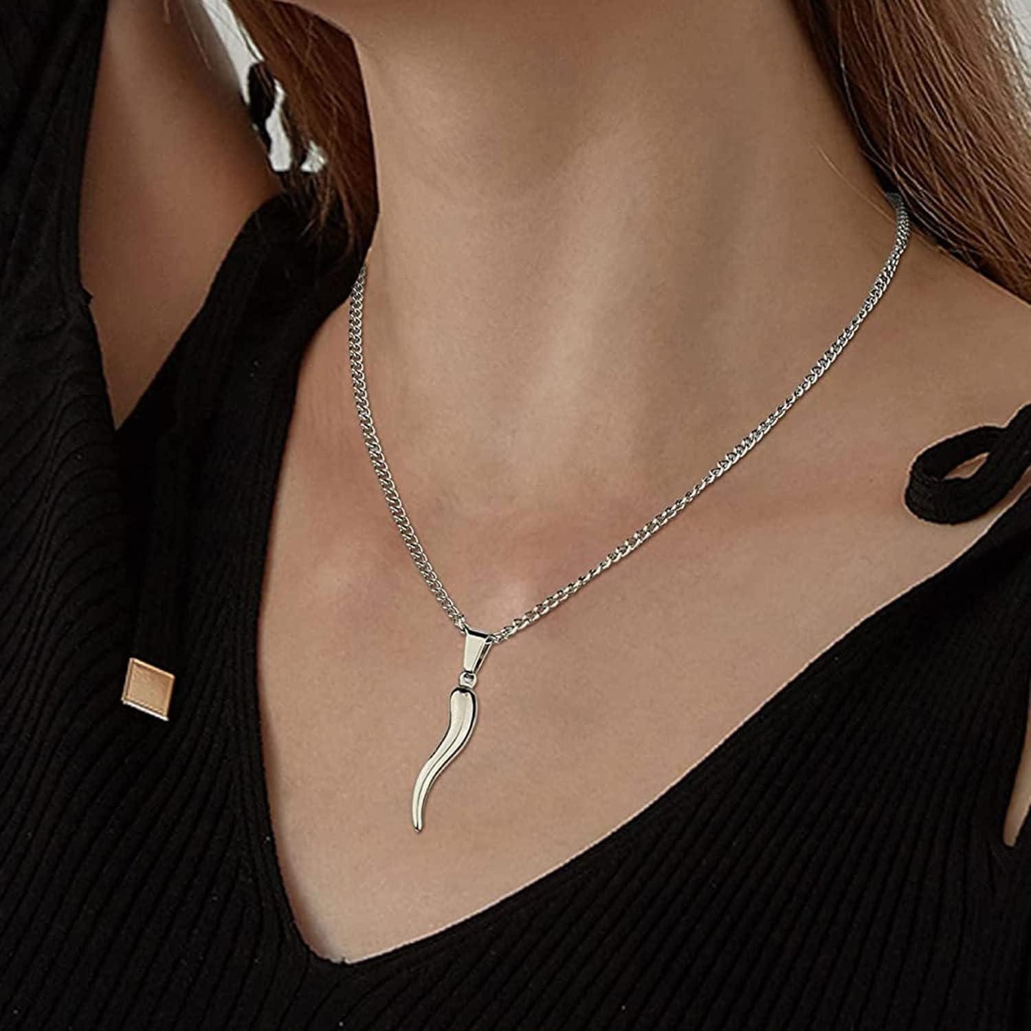 LuxusKollektion Kette mit Anhänger Collier Herren Damen 316L Edelstahl Cornicello 01: Groß-silber – Bild 3 von 5
