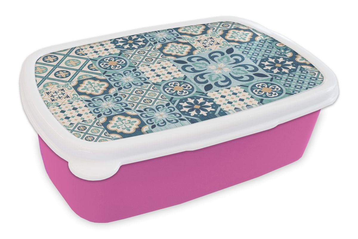 MuchoWow Lunchbox Blumen - Blau Erwachsene, (2-tlg), Fliese, - Snackbox, Brotbox Mädchen, für rosa - Kinder, Kunststoff Design Kunststoff, Brotdose