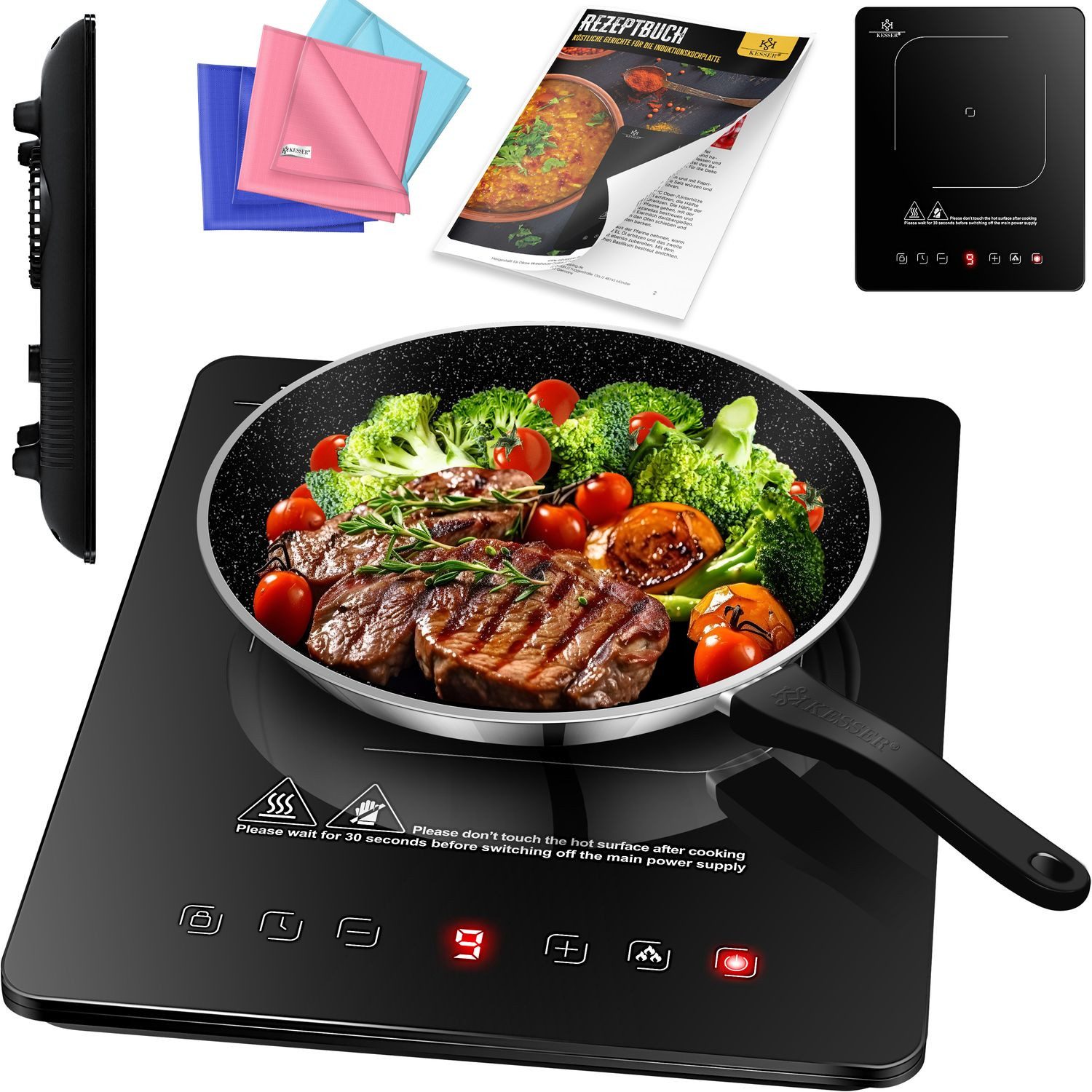 KESSER Einzelkochplatte Induktionskochplatte mit 9 Heizstufen 3x Mikrofasertücher & Rezeptbuch, tragbare Kochplatte 28cm mit Timer, Touch-Steuerung, Booster 220-240V