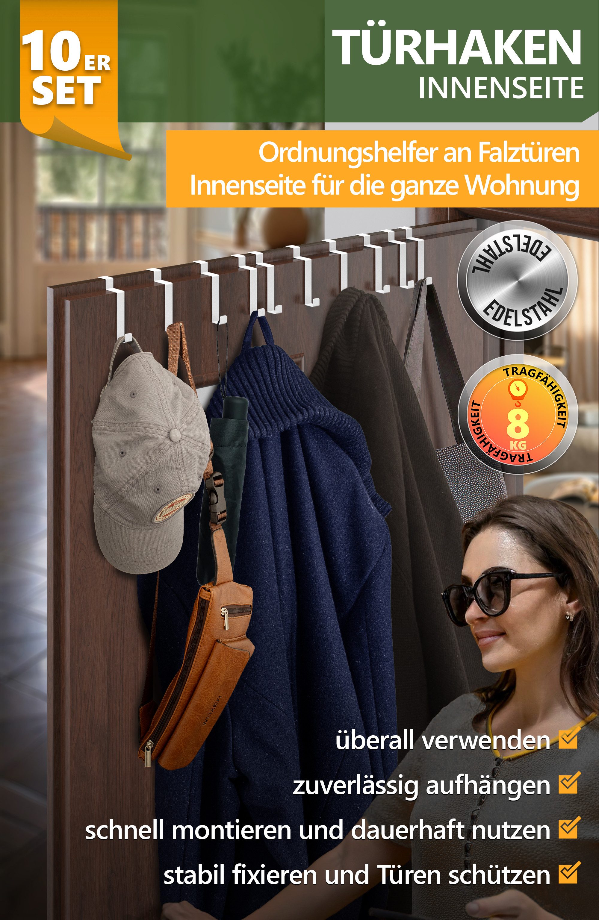 Lindenstein Türhaken Edelstahl Türhaken, Türen, (Packung, 10-St., 10), ohne Bohren,Stabil,langlebig,rostbeständig,verformungsresistent – Bild 2 von 5