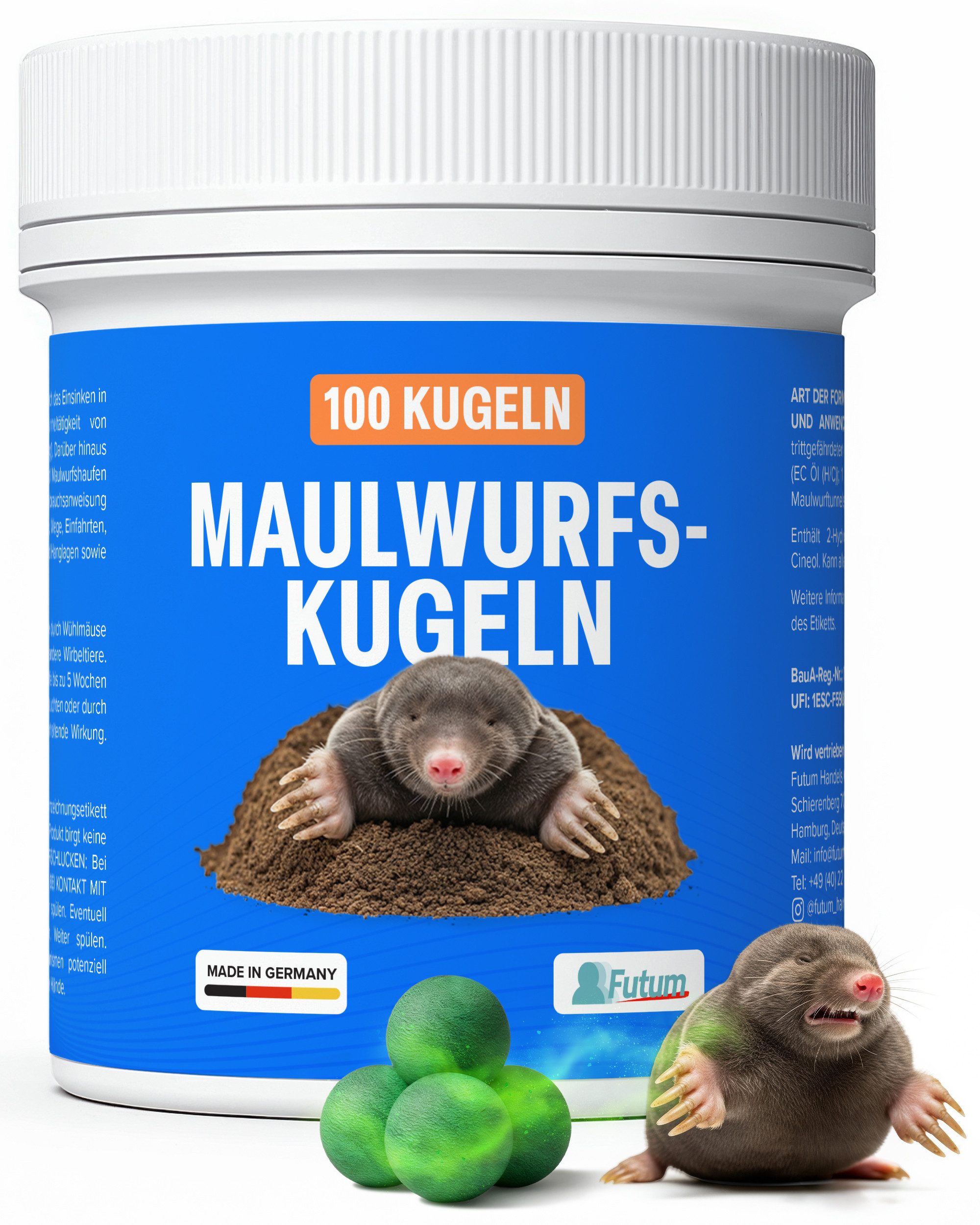 FUTUM Vergrämungsmittel 100er Maulwurf-Kugeln 100 Kugeln zur Maulwurfs Abwehr, 100-St., MADE IN GERMANY