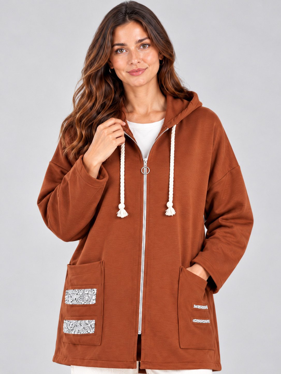WENOR Kapuzensweatjacke Damen lang Oversize Zip Hoodie Strass Rücken Taschen Strass Details, Rücken Cut-Out Design, Oversize Schnitt