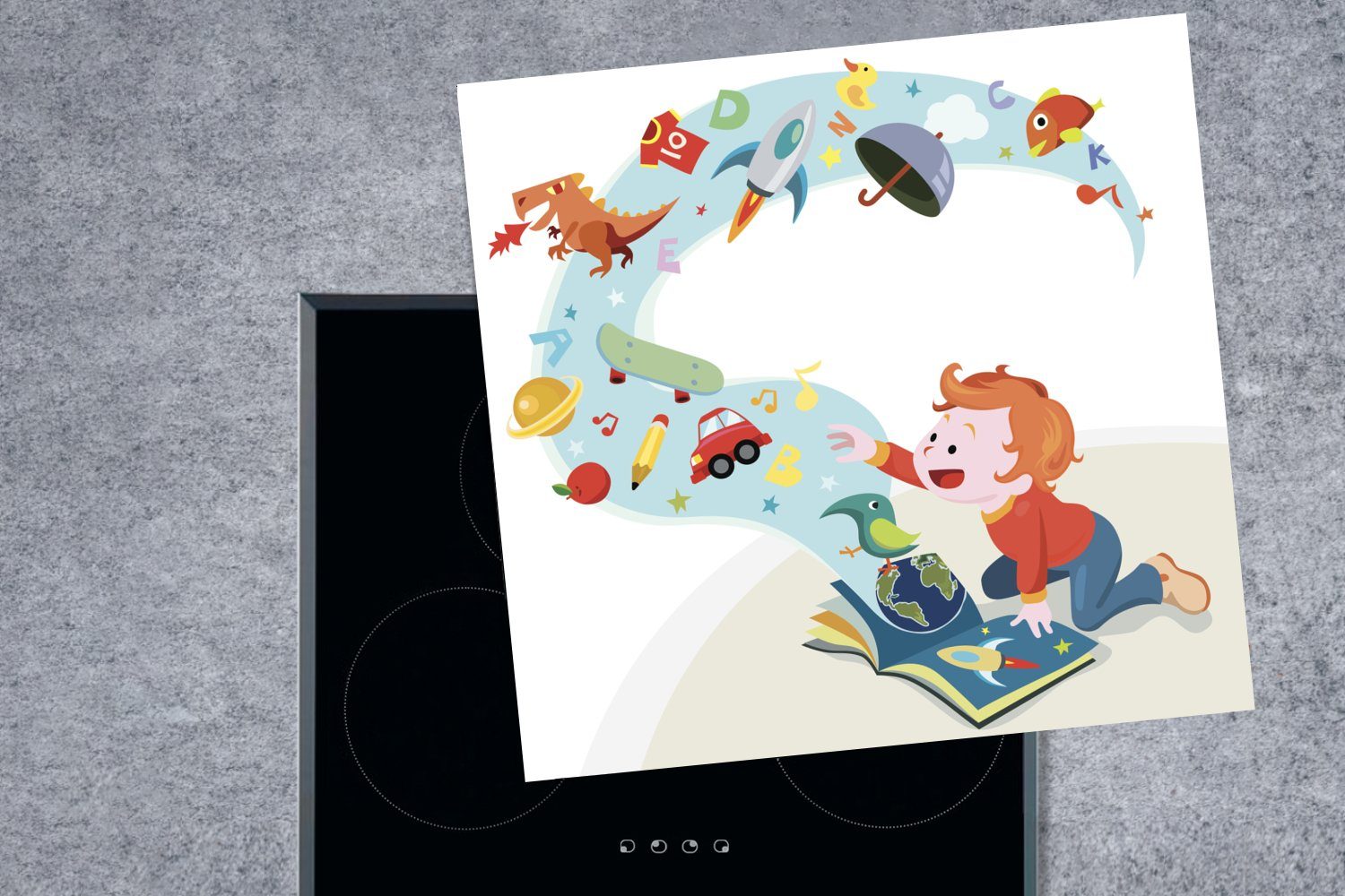 MuchoWow Herdblende-/Abdeckplatte küche Jungen, tlg), liest, Kindheitsillustration (1 cm, ein Arbeitsplatte 78x78 eines für kleinen der Vinyl, Ceranfeldabdeckung, Buch