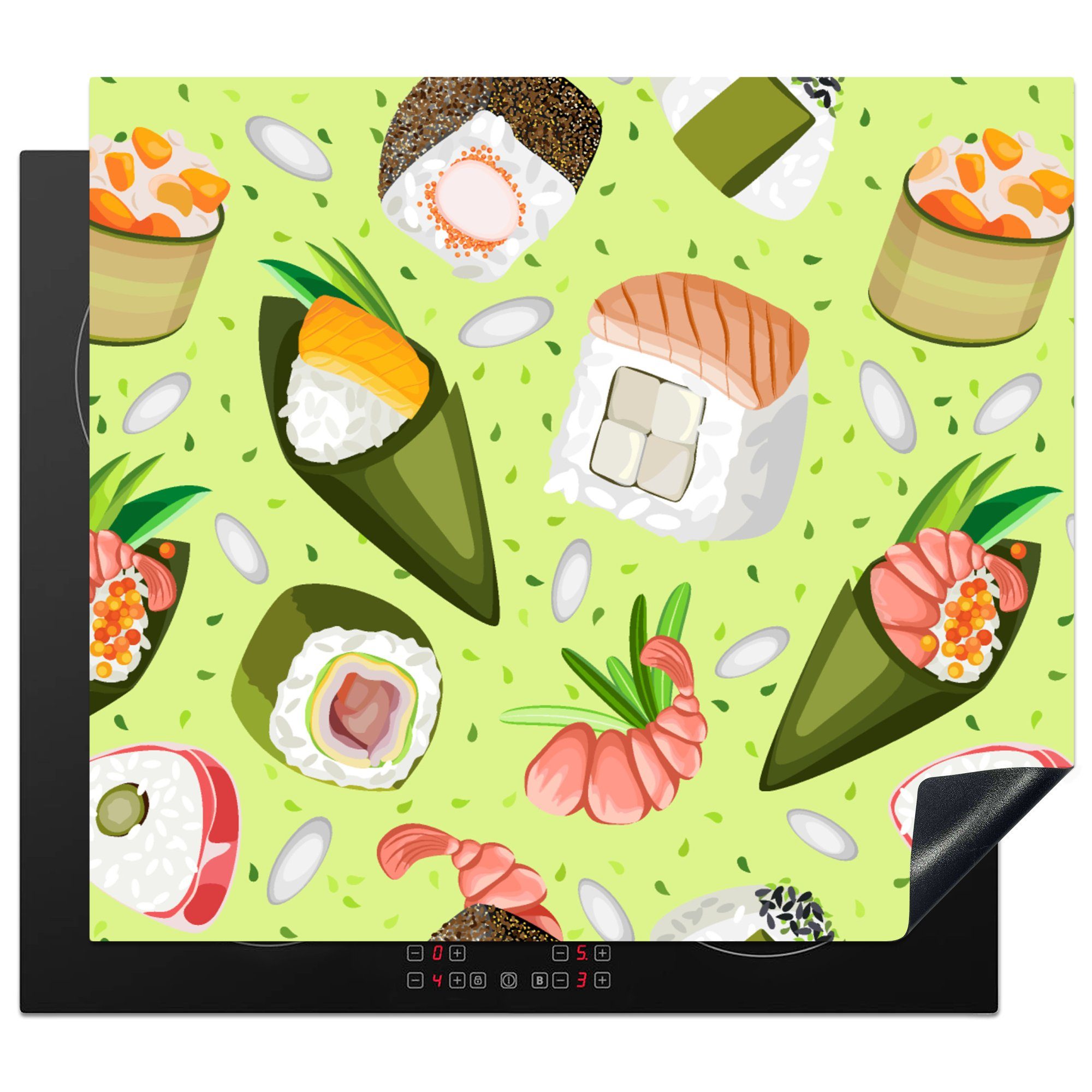 MuchoWow Herdblende-/Abdeckplatte Muster - Sushi - Japan - Grün, Vinyl, (1 tlg), 60x52 cm, Mobile Arbeitsfläche nutzbar, Ceranfeldabdeckung