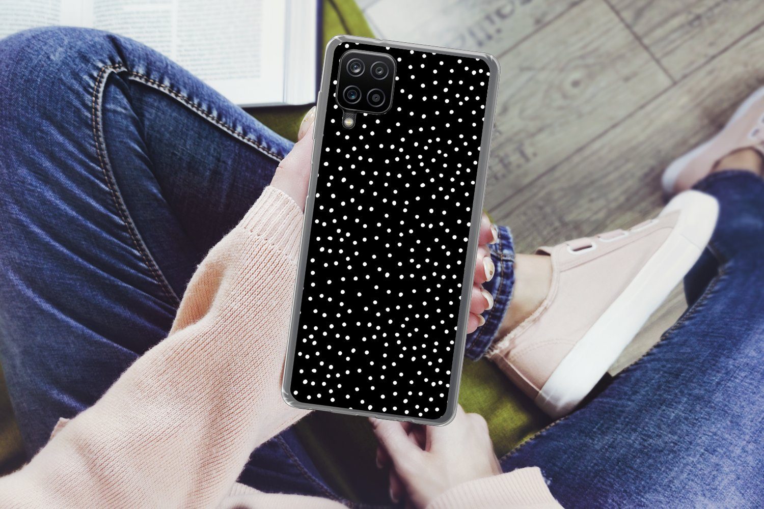 MuchoWow Handyhülle für Samsung Galaxy A12 Polka dots - Schwarz - Weiß, Smartphone-Bumper, Print, Handy Schutzhülle Dünn