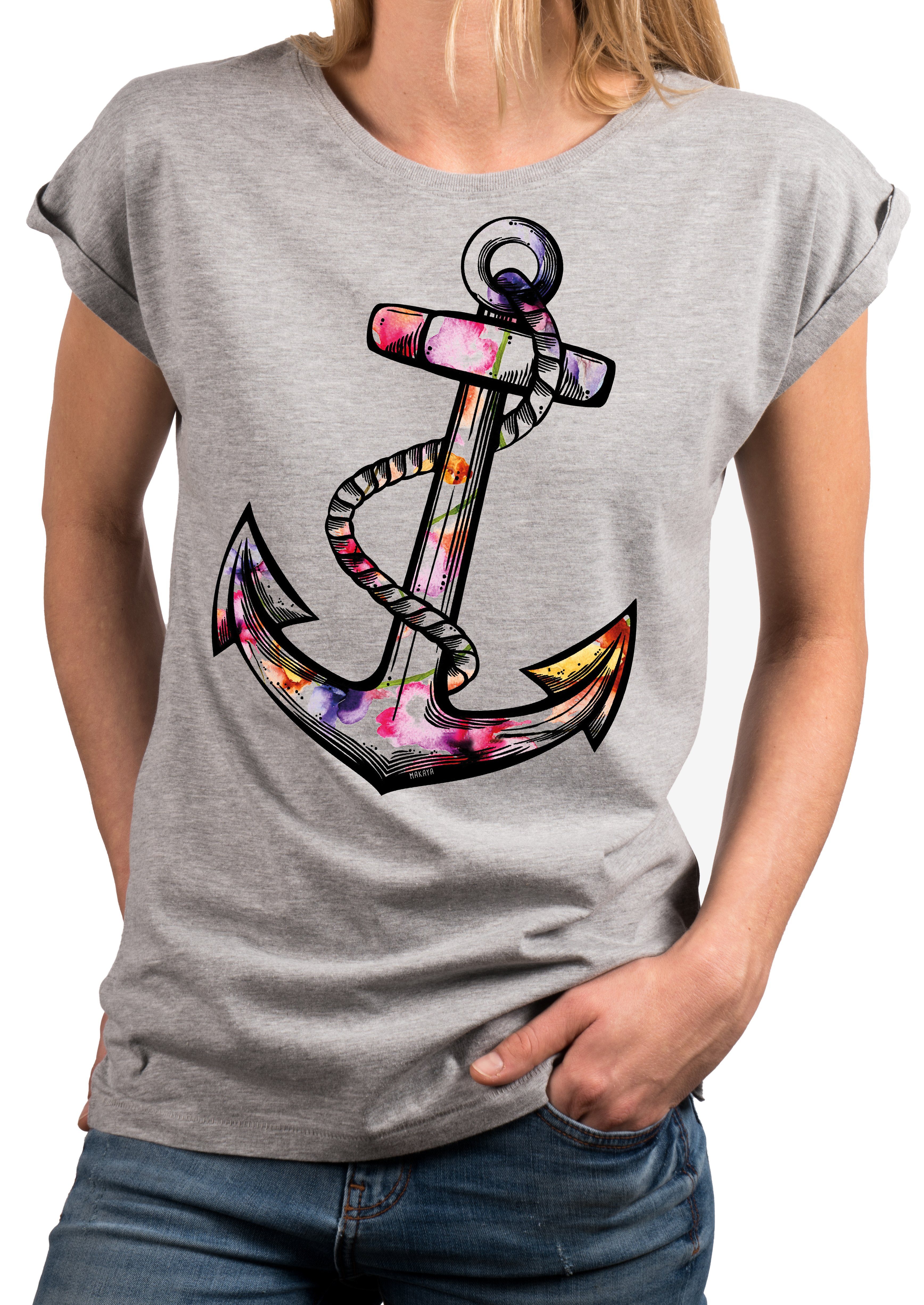 MAKAYA Tunikashirt Damen Top mit Blumen Motiv Sommer T-Shirt Oversize Print Blumenmuster (Kurzarm, Weiß, Rosa, Grau) große Größen