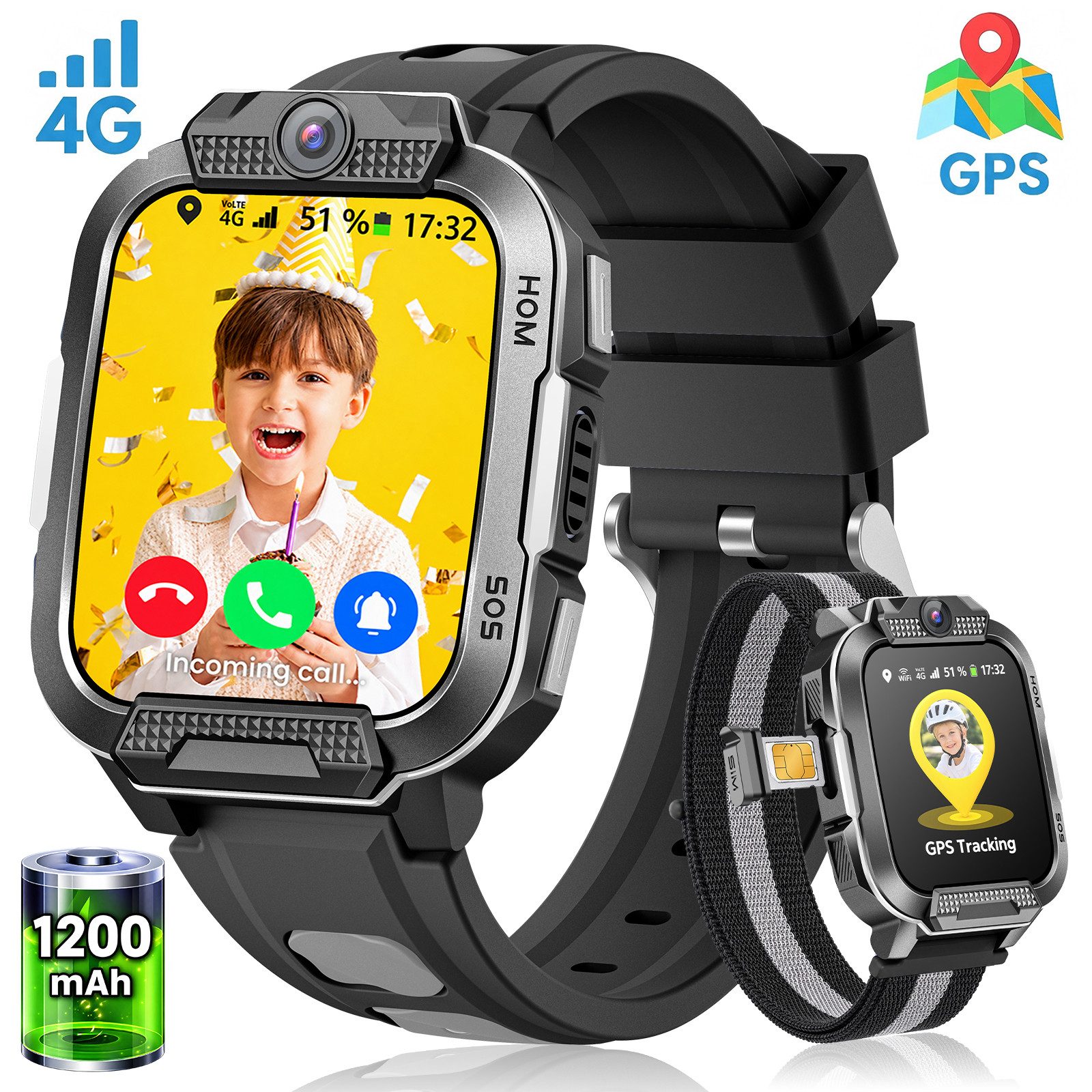 Whraills 2026 4G Kinder Smartwatch mit GPS Telefon Video SOS für Jungen Mädchen Smartwatch 4-fache Ortung (GPS, WLAN, LBS, AGPS), Sicherheitszonen, Eltern App, Schulmodus, 1,93 Zoll Display, IP68/5ATM Wasserschutz, 1200mAh, Schrittzähler, Spiele und Sprachchat