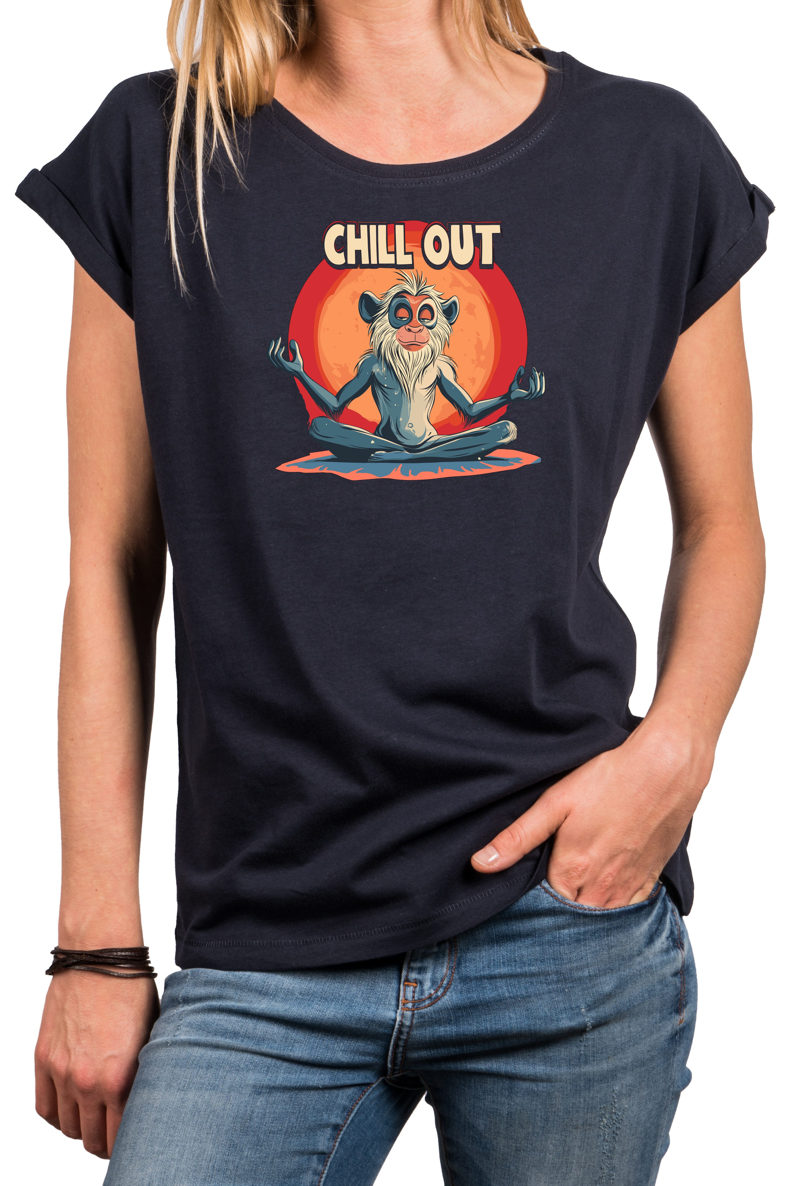 T-Shirt Damen-Top mit Zen-Affen-Print – Chill-Out Motiv im Buddha-Stil