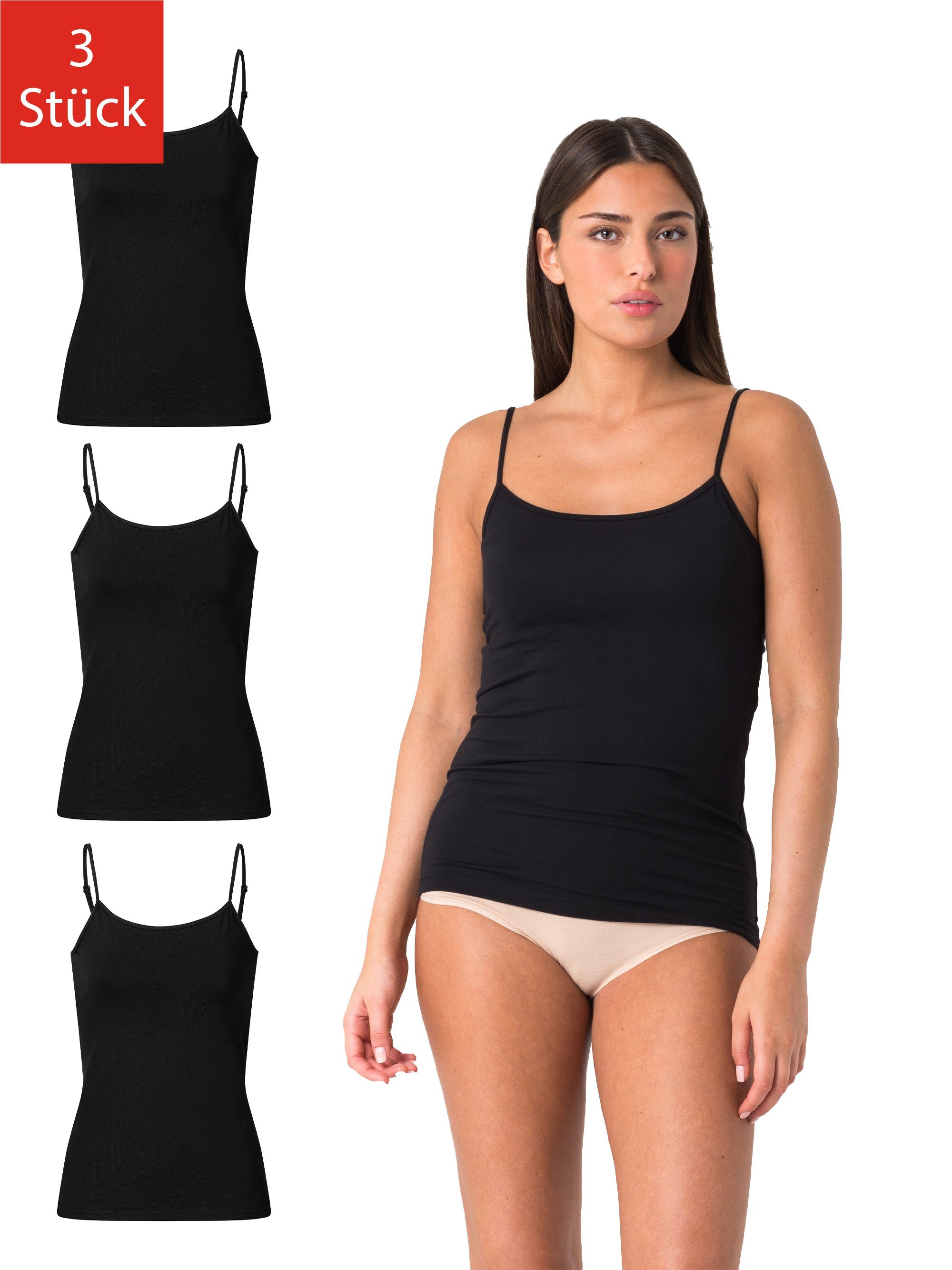 Elsie Unterhemd Damen Spaghetti Top (Packung, 3-St., 3er-Pack) Tank Top mit Verstellbarem Träger aus 95% Baumwolle Stretch Tanktop Schwarz