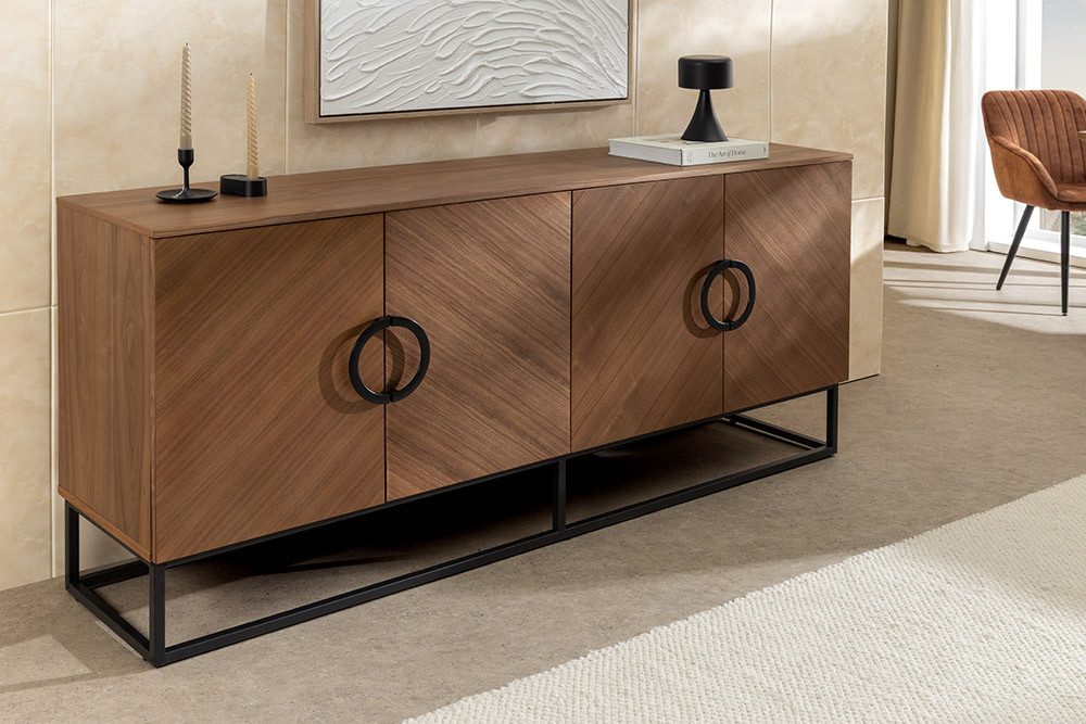 riess-ambiente Sideboard GRANDEZZA 180cm natur schwarz – Walnuss-Design, Metall, Industrial (Einzelartikel, 1 St), große Kommode mit Türen & Fächern – ideal für Wohnzimmer im Loftstil
