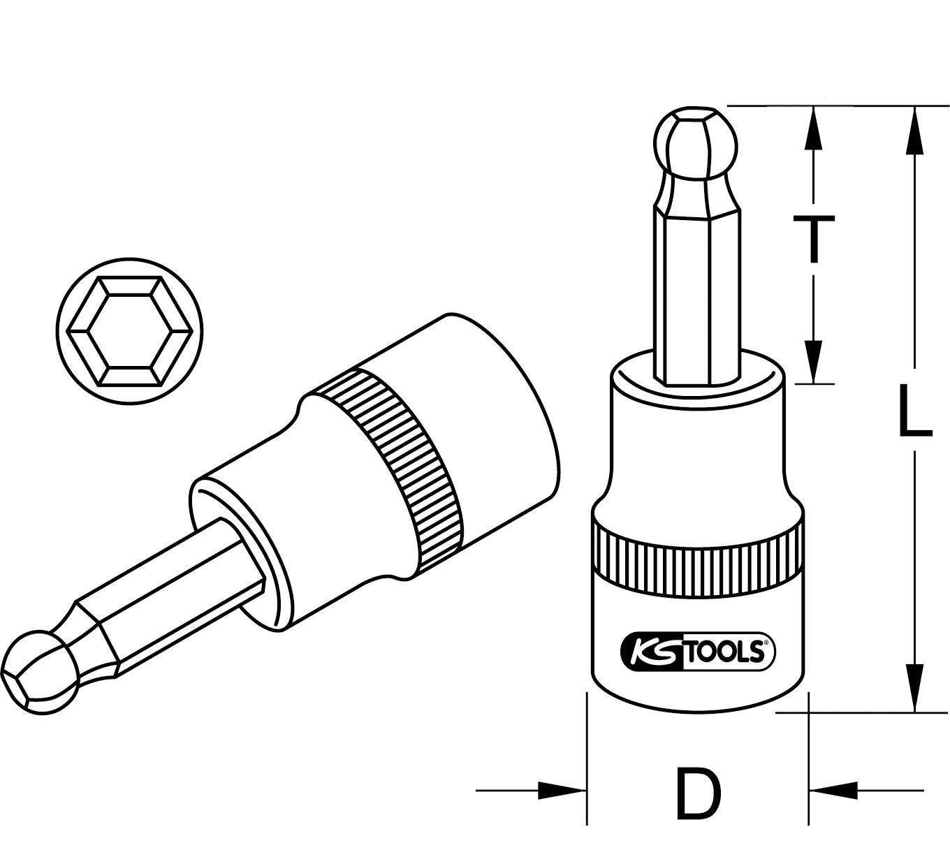 Thumbnail - KS Tools Bohrer- und Bitset 3/8" Bit-Stecknuss Innensechskant mit Kugelkopf, 5,5 mm
