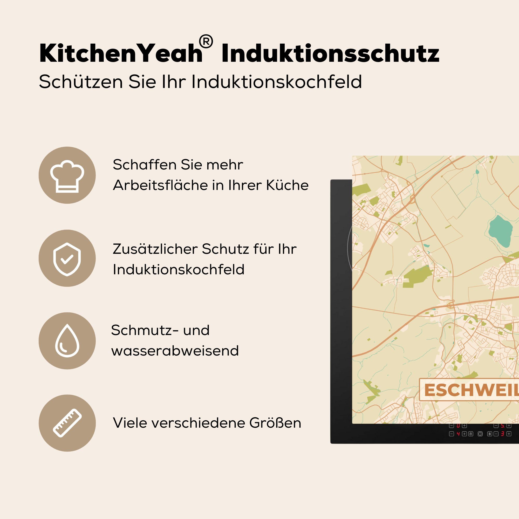 - Karte Stadtplan, - Arbeitsplatte (1 Herdblende-/Abdeckplatte tlg), für - Jahrgang cm, Ceranfeldabdeckung, Vinyl, MuchoWow Eschweiler küche 78x78