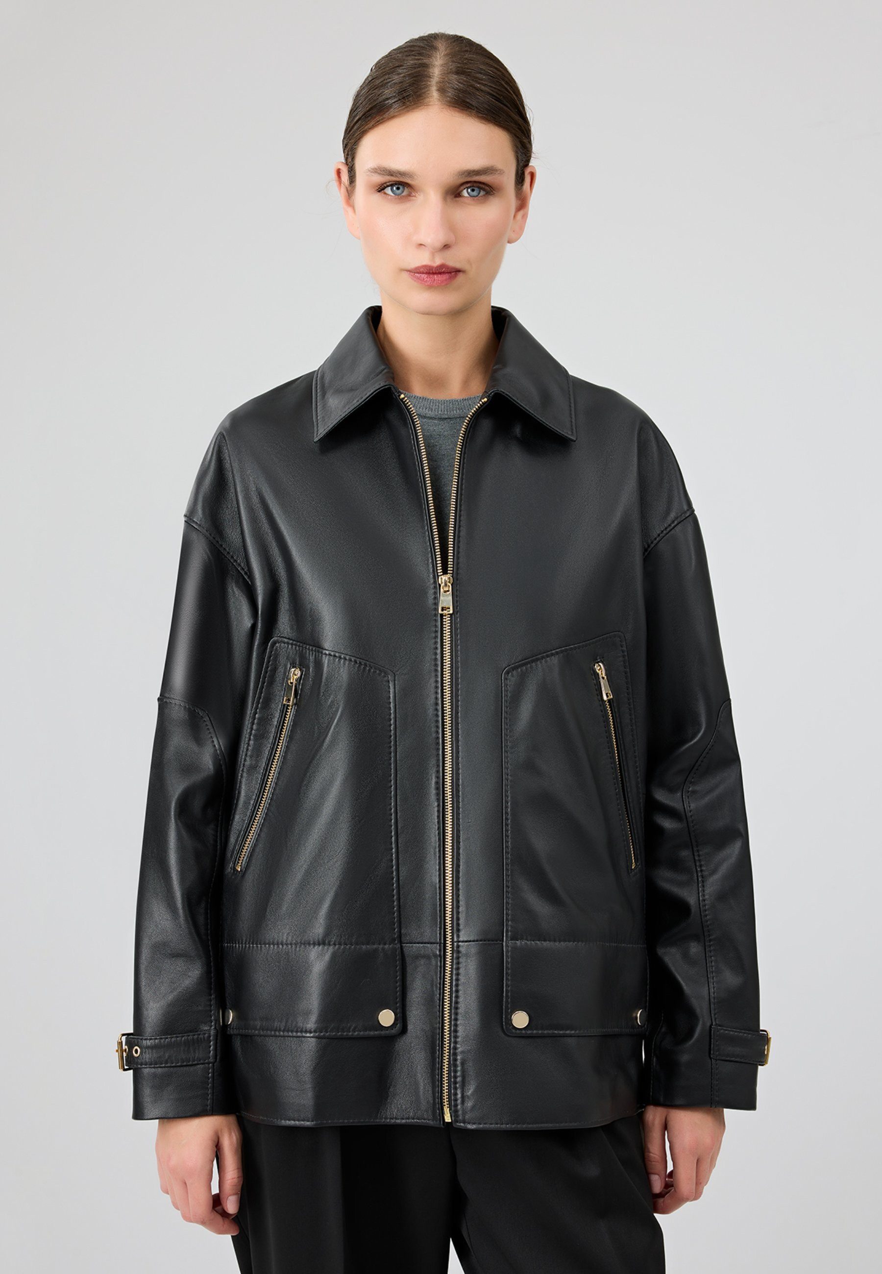 Derimod Rosalin Oversize Lederjacke Oversize Fit, Reißverschluss, Hemdkragen, Kurz, Textilfutter