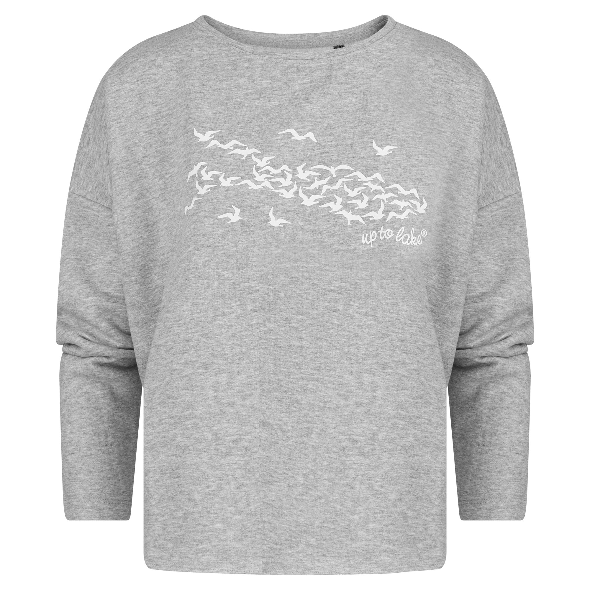 uptolake design Sweatshirt für Damen aus weichem Baumwollstoff mit "Mövensee-Bodensee" Design Grau/Weiß