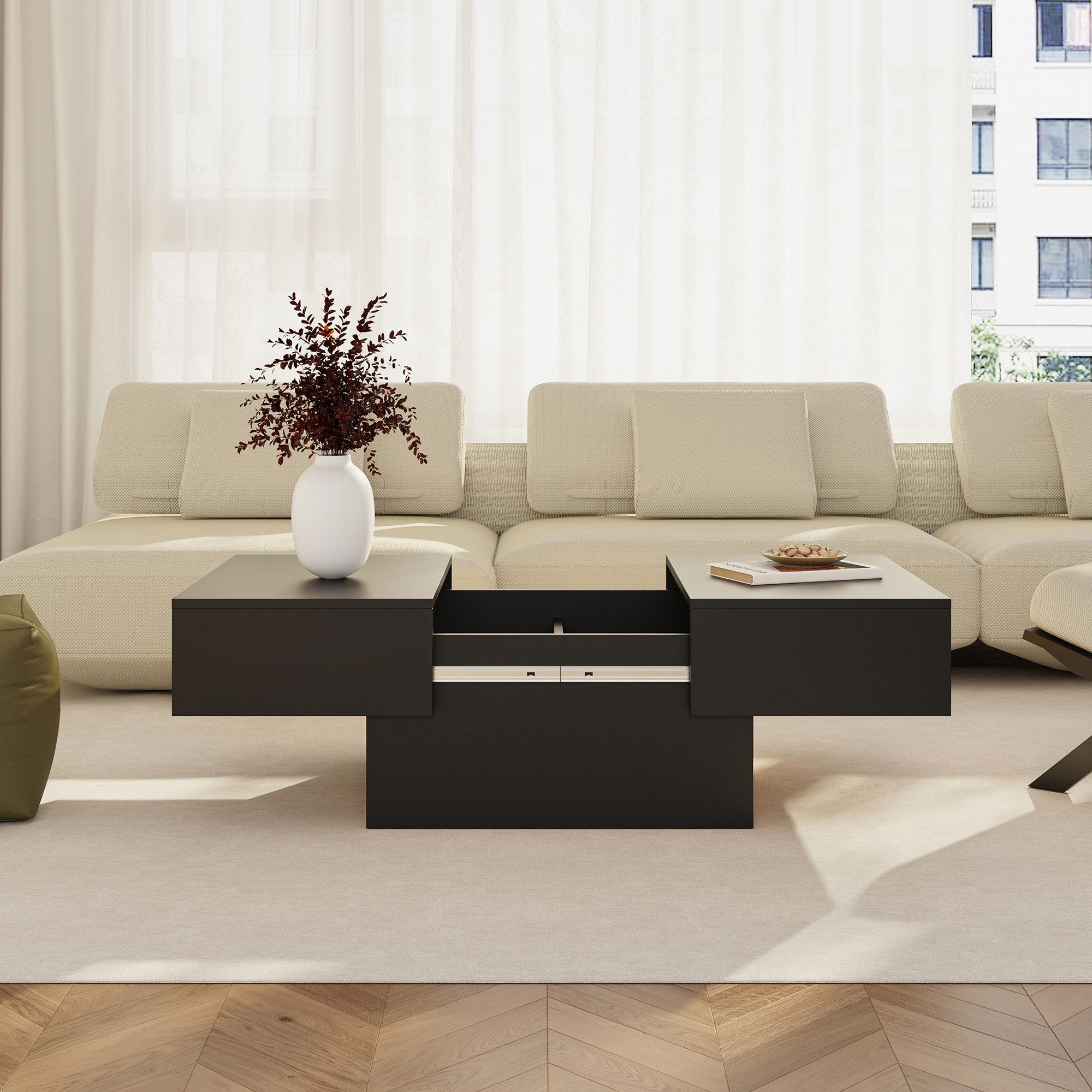 en.casa Couchtisch, ausziehbar »Lens« mit Stauraum 80x60x36 cm Schwarz