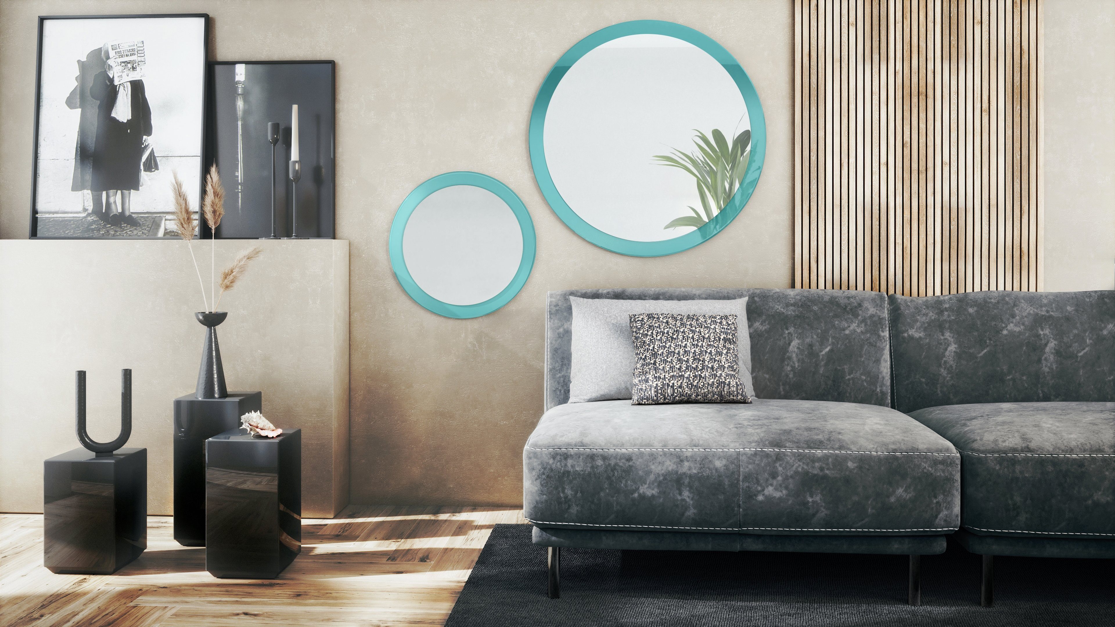 Vladon für mit Spiegel, Wohnzimmer Durchmesser) (2 dekorative 80 in Wandspiegel Hochglanz und Petrol runde und cm Flur Globe MDF-Rahmen), (50