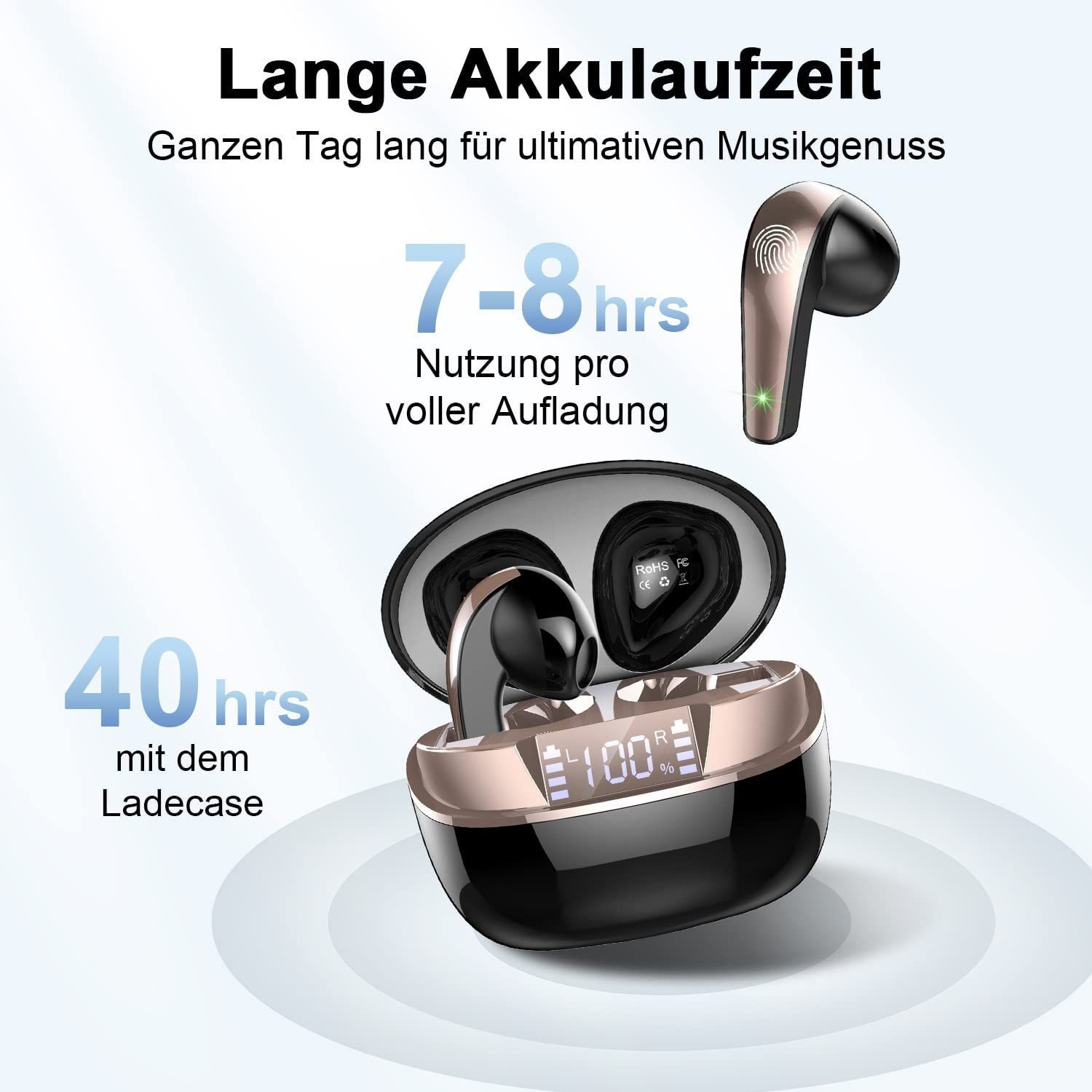 Mikrofon,Bluetooth (HiFi In-Ear-Kopfhörer,Bluetooth Wireless, Schnelles 5.3 Wasserdicht Cancelling,True Stereo,Noise TWS Ohrhörer, Sprachsteuerung,Ultraleicht Aufladen) HD Anzeige, USB-C Schwarz mit IP7 Kopfhörer LED Mutoy In-Ear-Kopfhörer