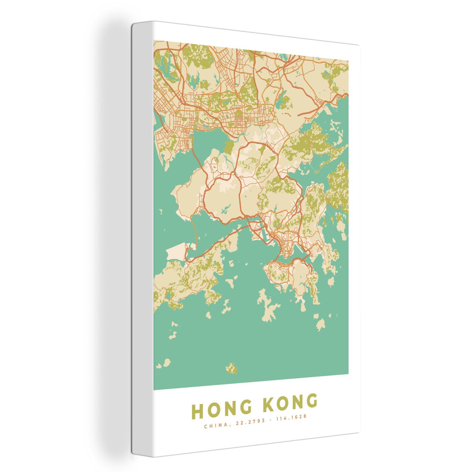 OneMillionCanvasses® Leinwandbild Karte - Hongkong - Stadtplan - Vintage - Karte, (1 St), Leinwandbild fertig bespannt inkl. Zackenaufhänger, Gemälde, 20x30 cm