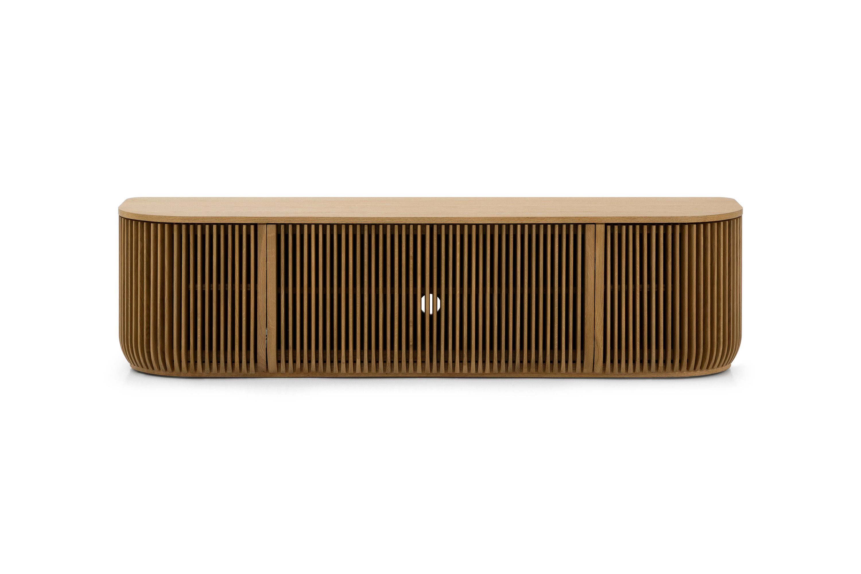 Woodek Design TV-Schrank TV-Lowboard FRANZ aus massiver Eiche und Eichenfurnier, natur (natur matt lackiert, 1-St., Lamellentüren aus Massivholz) Breite 175 cm, Höhe 45 cm, Tiefe 45 cm