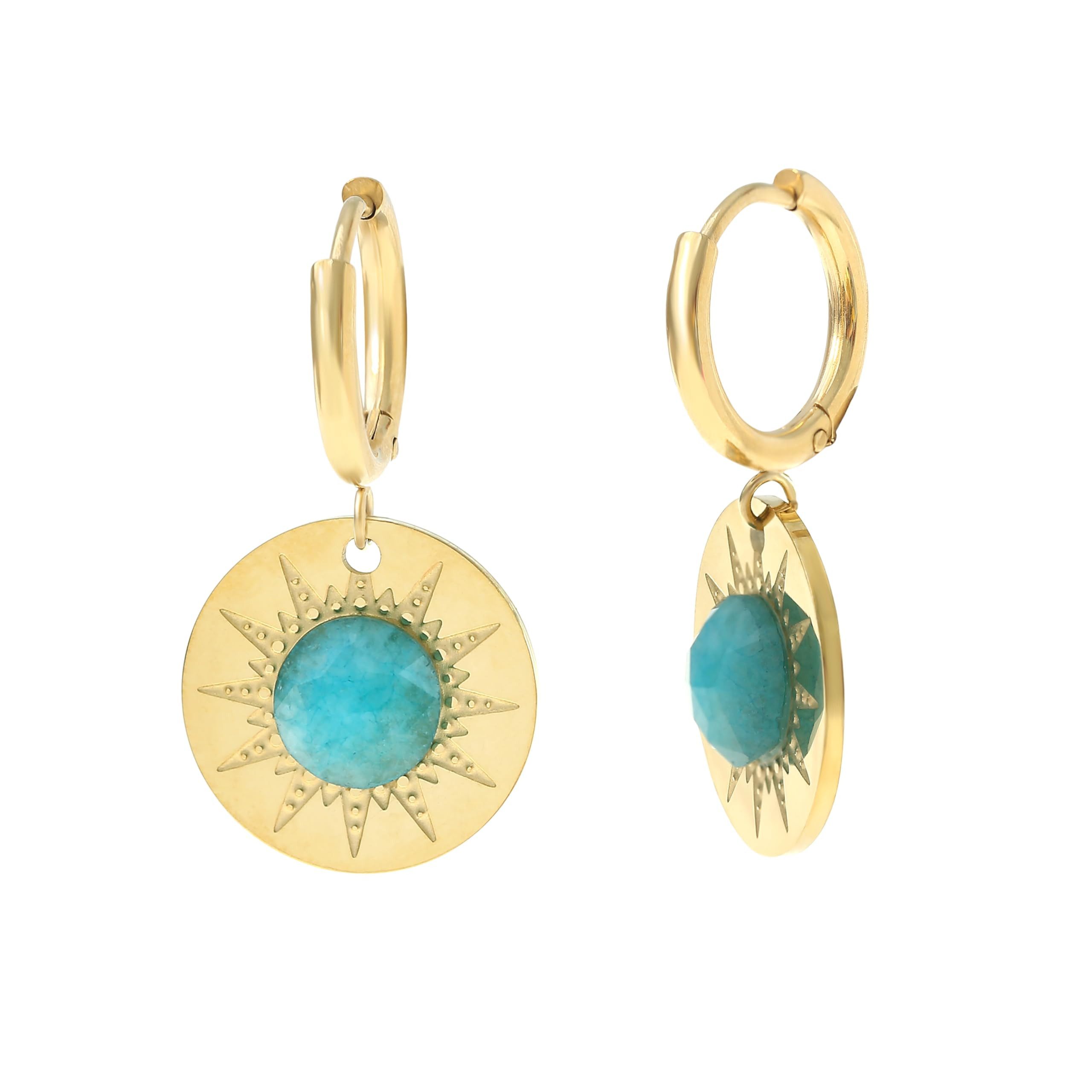 Made by Nami Ohrring-Set Hängend mit Sonnen Anhänger und türkisem Stein Edelstahl Gold, Boho Schmuck Damen Wasserfester Schmuck – Bild 5 von 5