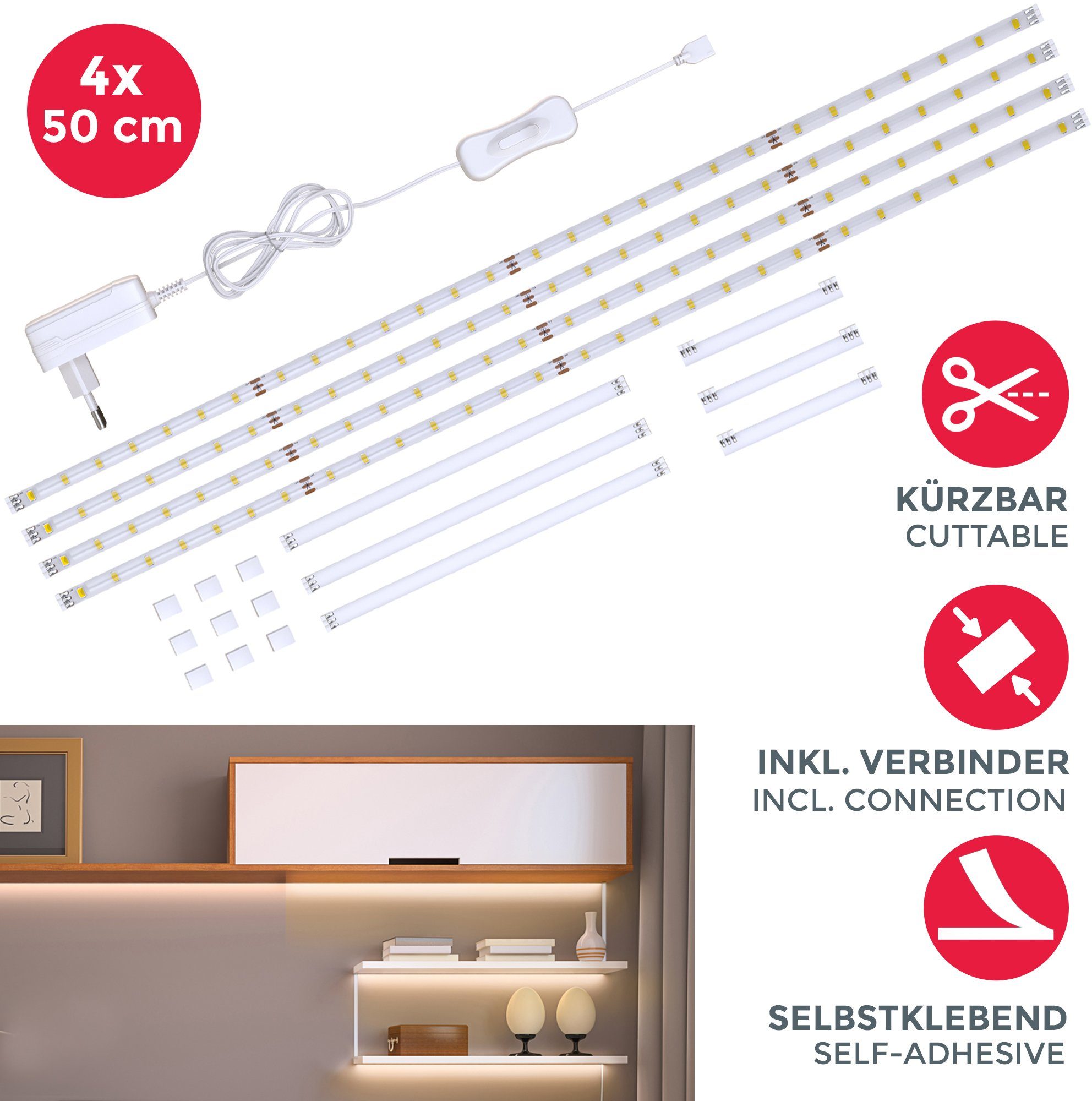 B.K.Licht LED-Streifen Lacerta, 2m LED Unterbauleuchte Set inkl. Streifen Verbinder 4 Band