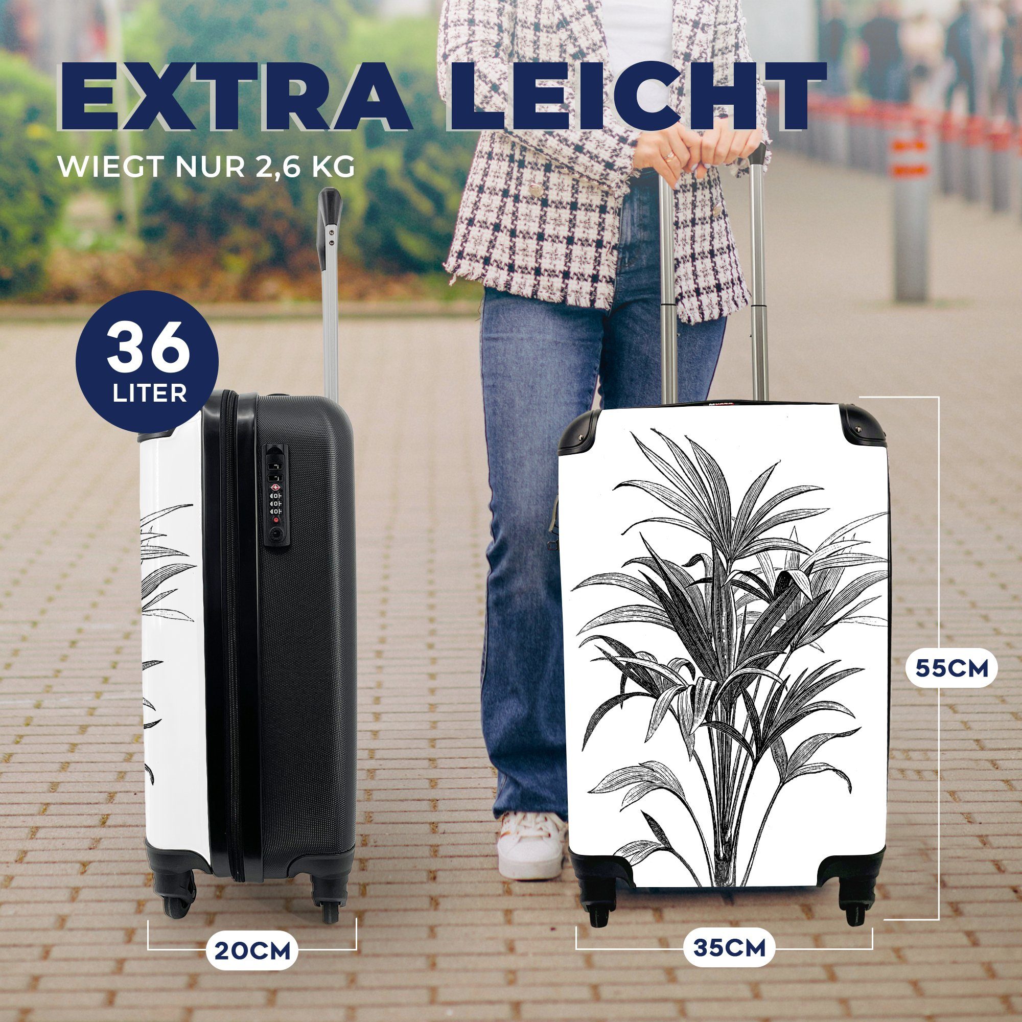 für mit einer Handgepäck Reisetasche Ferien, Eine 4 Handgepäckkoffer Reisekoffer Pflanze, Schwarz-Weiß-Abbildung rollen, Rollen, MuchoWow Trolley,
