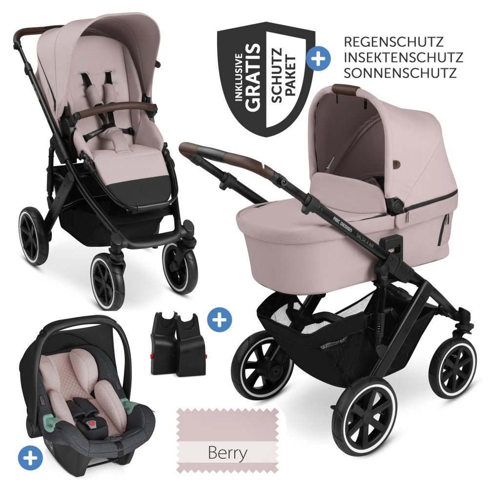 ABC DESIGN Kombi-Kinderwagen Salsa 4 Air - 3in1 - Pure Edition - Berry Kinderwagen Buggy mit Lufträdern, Babywanne, Babyschale, Sportsitz mehr