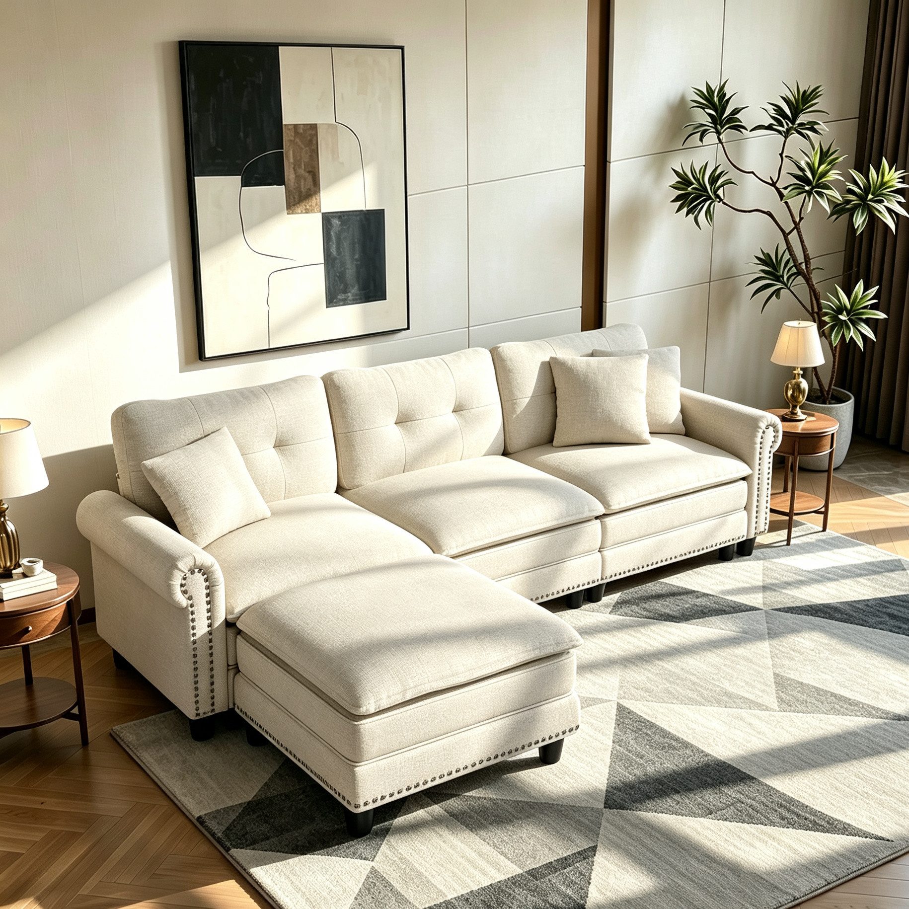 PHI VILLA Ecksofa L-Form Couch im Mid-Century-Modern-Stil, 4-6-Sitzer-Sofa mit tiefer Sitzfläche, Modulare Sofas Kissen und Fußhocker für das Wohnzimmer Chenille