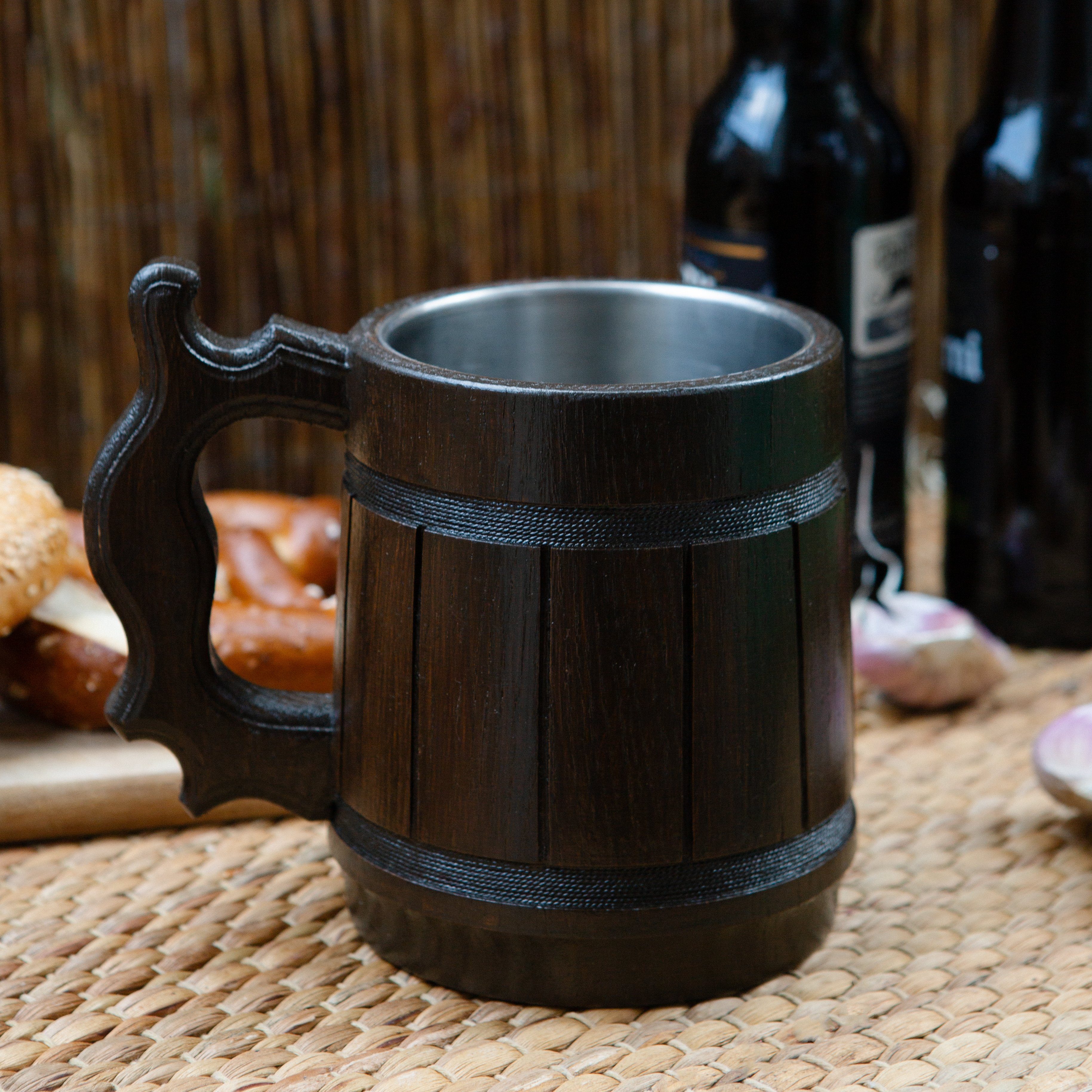 Platan Room Bierkrug Bierkrug aus Holz, Dunkel, mit Edelstahleinsatz Bierkrug aus Holz für Bierfest