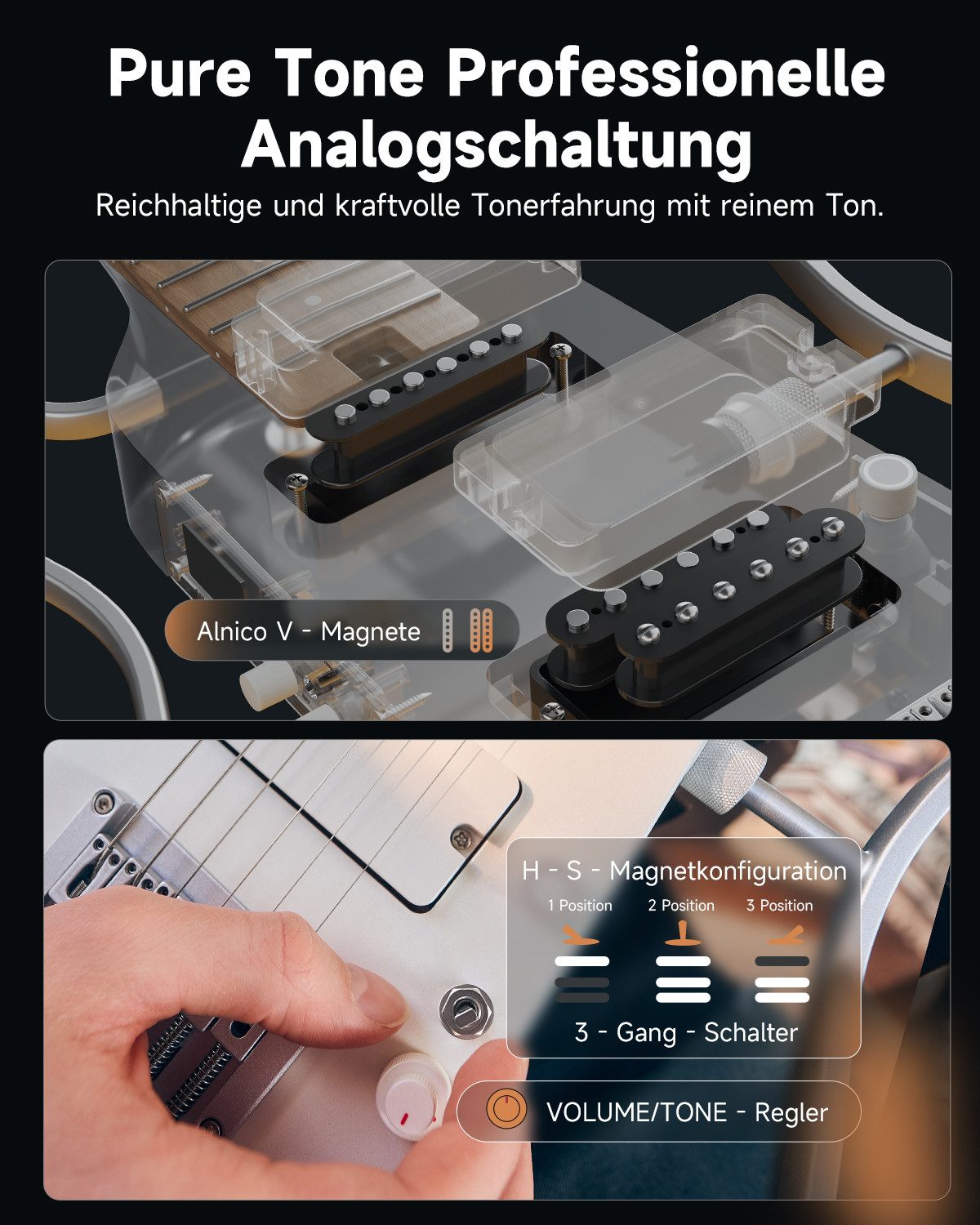 Donner E-Gitarre HUSH-X PRO Silent Guitar mit Effekten & Tone Sim H-S Pickups Bluetooth, Kopflose Reisegitarre, Kabel, Gigbag, Gurt, Stimmgerät, kabelgebundene Kopfhörer, DXP Effekte & Tone Sim, Bluetooth