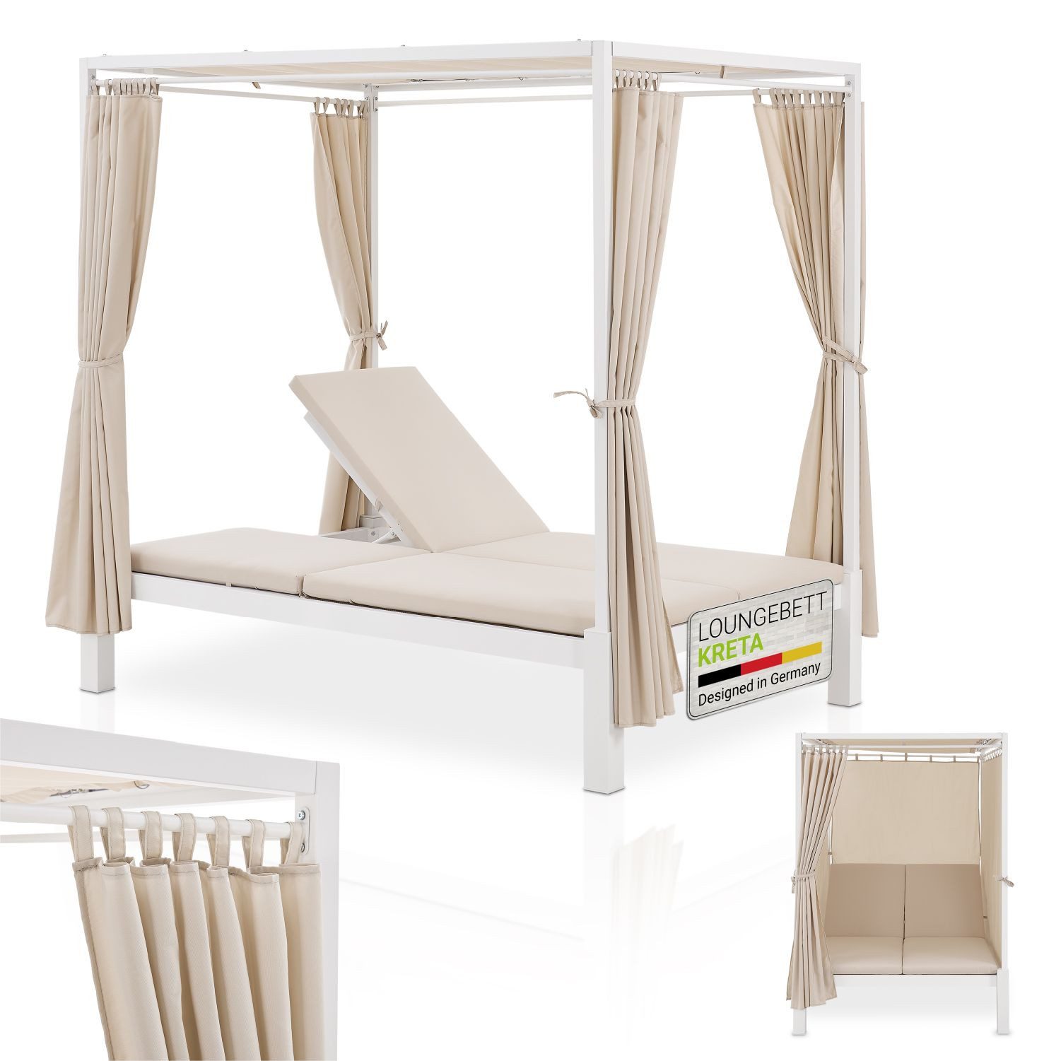 Juskys Doppelliege Kreta in Weiß/Beige mit Dach & Vorhängen, 140 x 200 cm für 2 Personen, Loungebett mit verstellbarer Rückenlehne & 5,5 cm …