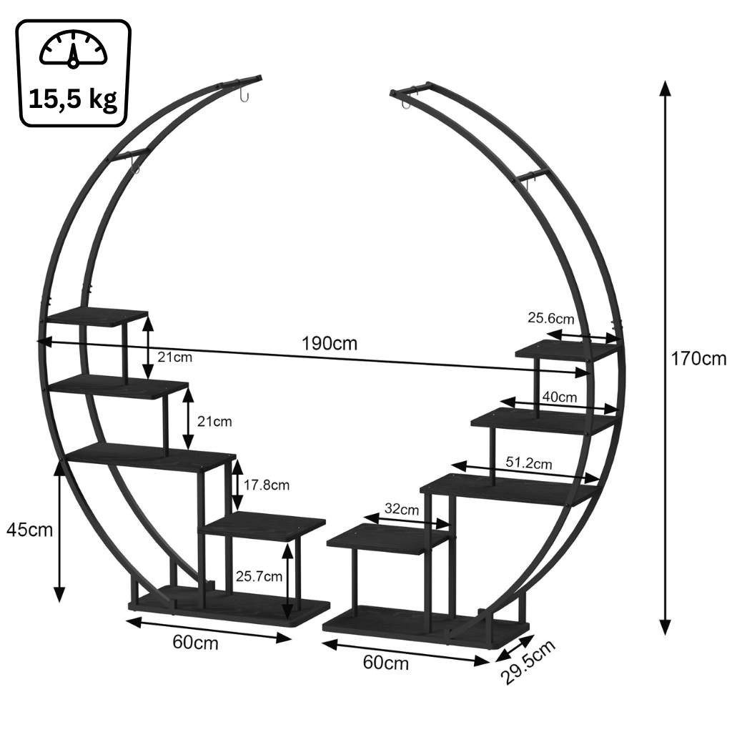 DanDiBo Blumenständer Wohnzimmer 170 cm Hoch Metall Schwarz Rund Blumenregal Groß Halbrund, Blumentreppe Pflanzenständer Modern Design Pflanzenhocker
