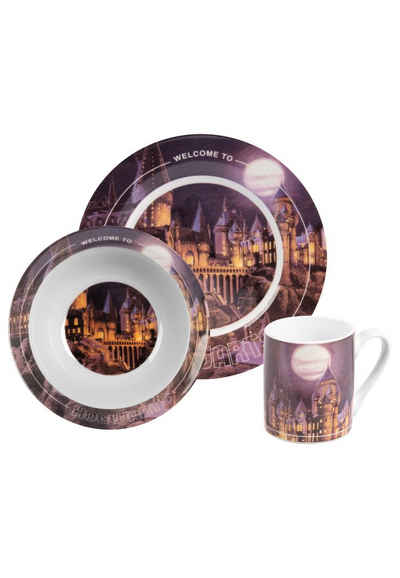 United Labels® Frühstücks-Geschirrset Harry Potter Frühstücksset für Kinder - Hogwarts - Geschirr Set 3-tlg, Porzellan
