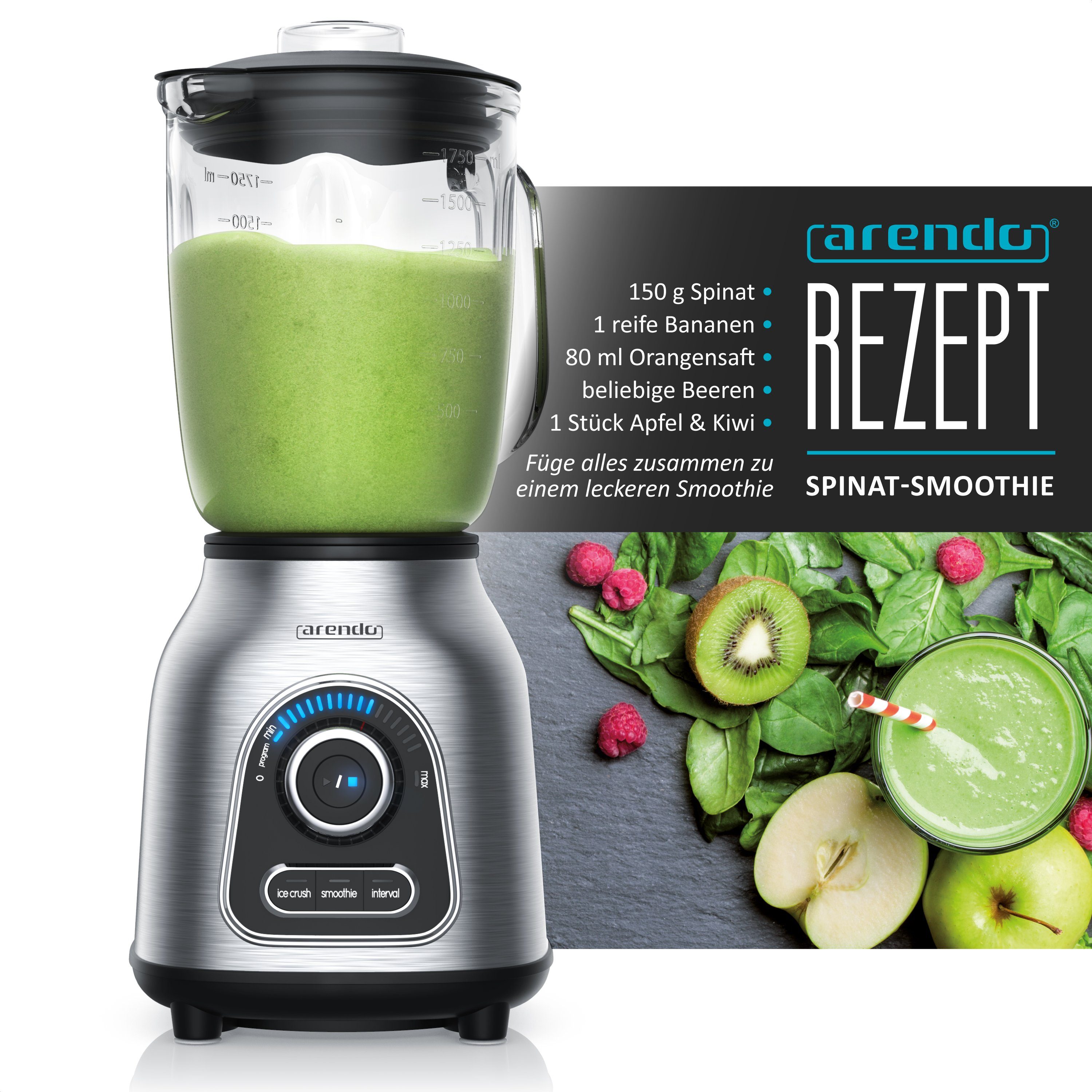 Arendo Standmixer Edelstahl Power Mixer, Hochleistungsmixer, 1,75l Glasbehälter, Blender, 1400 W, Edelstahlmesser, 10 Leistungsstufen, Impulsfunktion Hochleistungsmixer