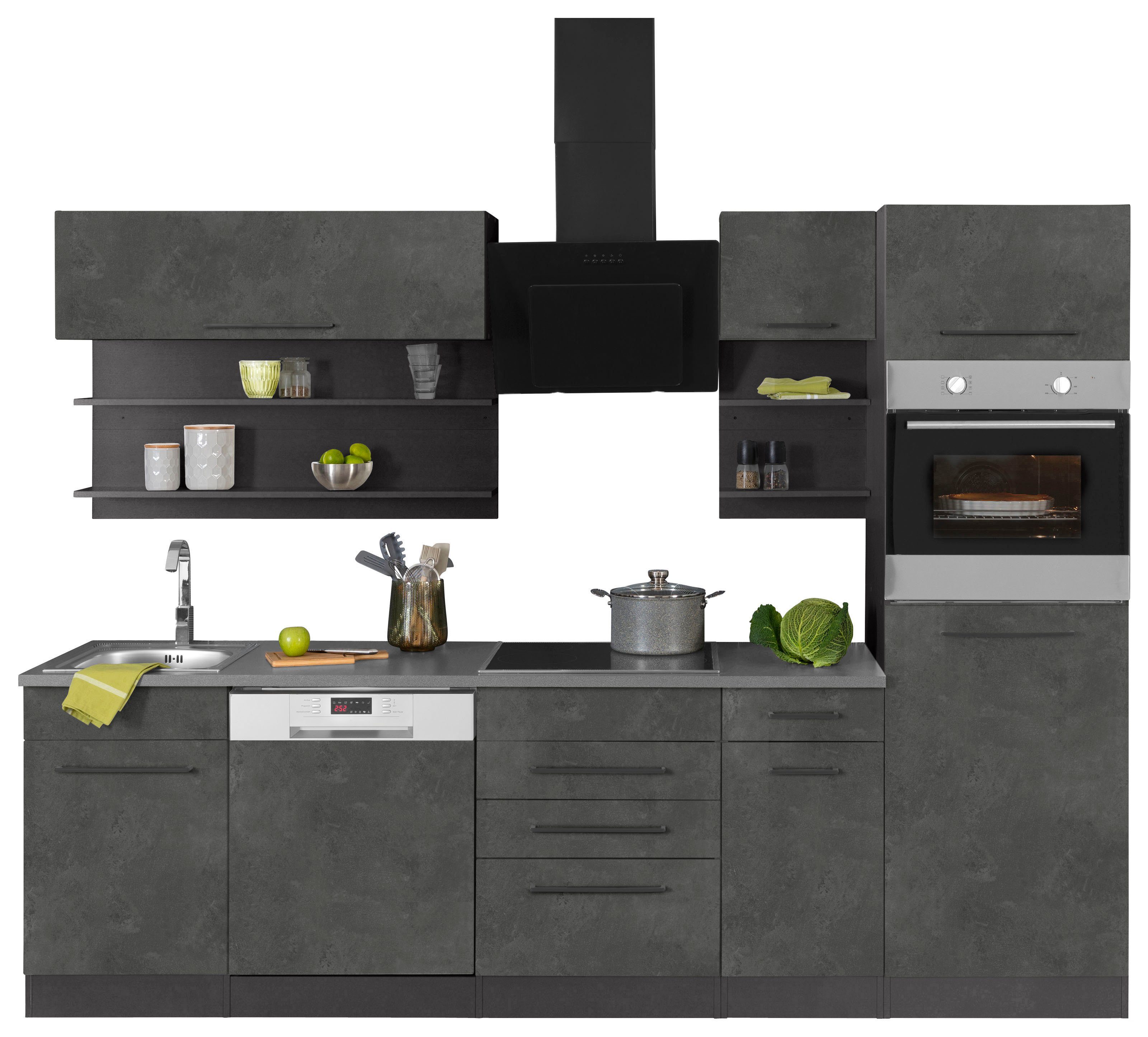 KOCHSTATION Küchenzeile KS-Tulsa, mit E-Geräten, Breite 270 cm, schwarze Metallgriffe, MDF Fronten