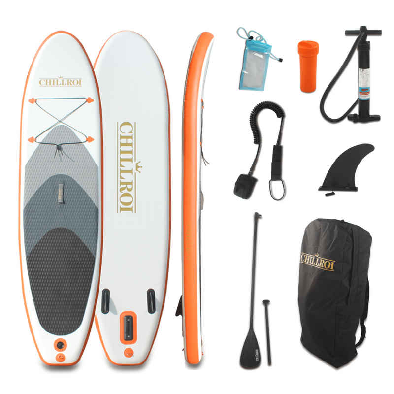 CHILLROI SUP-Board SUP Set aufblasbar Weiß/Orange Handy-Tasche Anti-Rutsch-Deck, Paddle Board, (1 Stück, Inkl. Zubehör), Komplettset, Länge 2,97 m