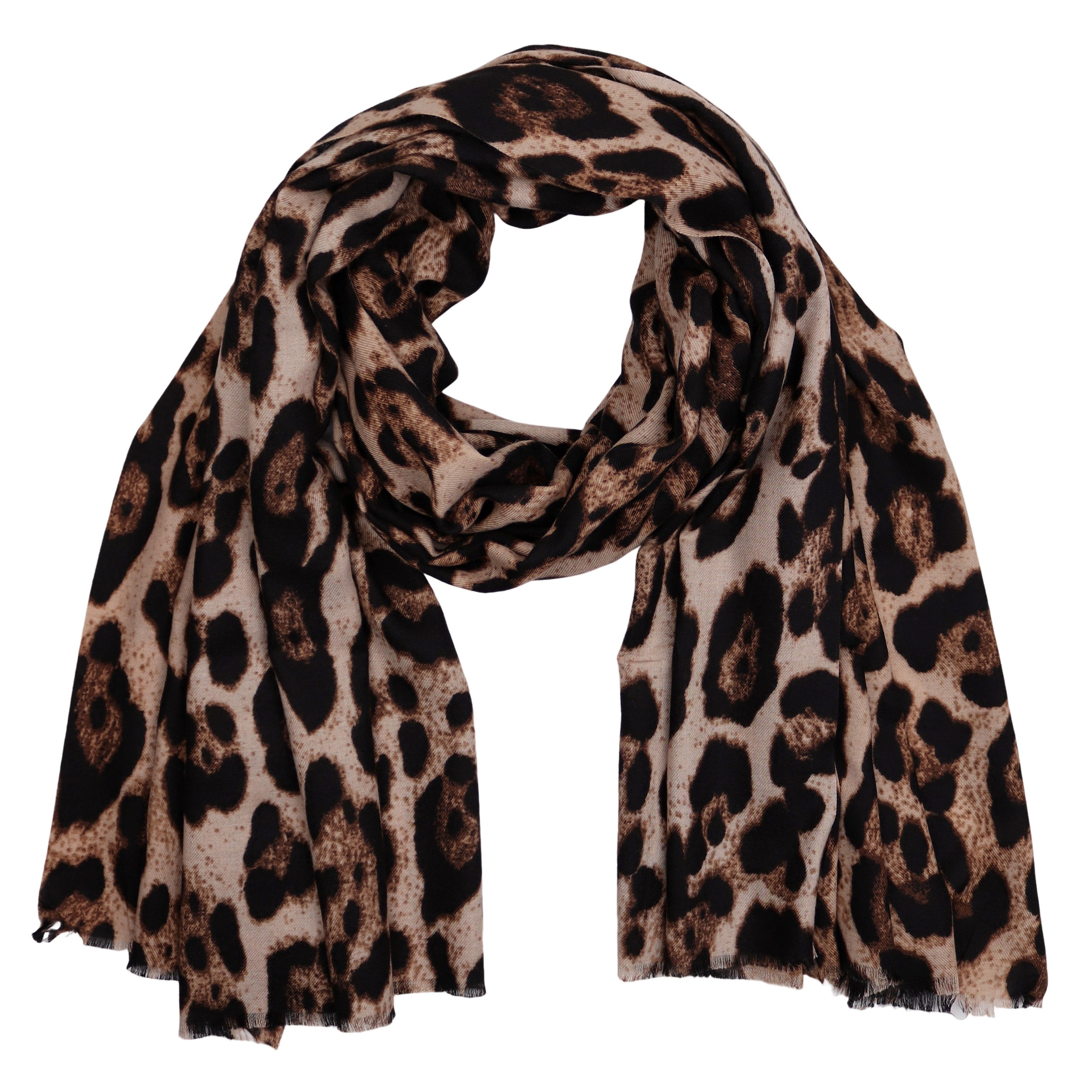 Modeschal weicher und warmer Schal Leo Leopard mit Fransen, 90x180cm