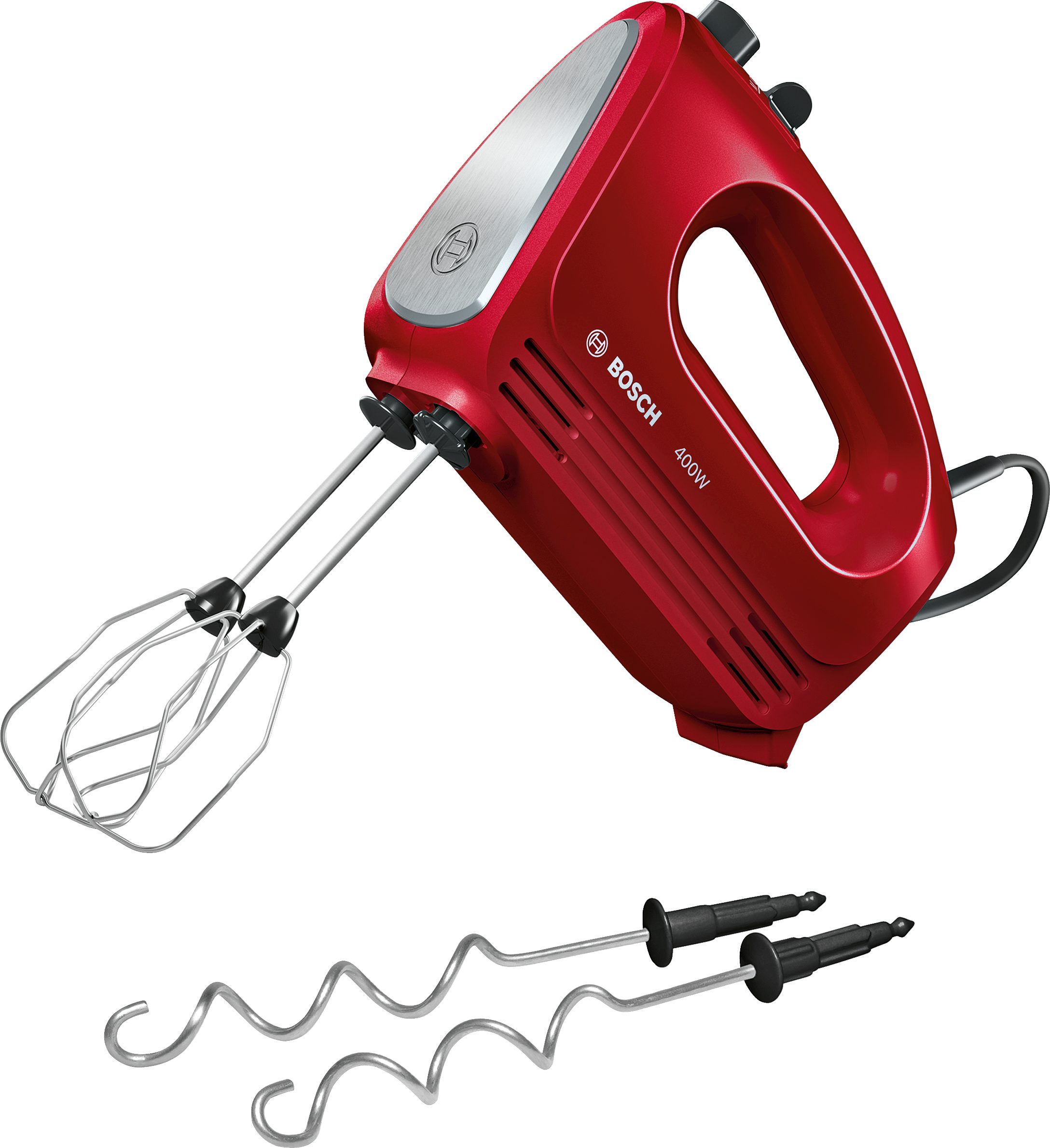 BOSCH Handmixer MFQ2420R CleverMixx Knethaken, Rührbesen, Edelstahl, 400 W, spülmaschinenfest, 4 Stufen, Turbostufe, rot