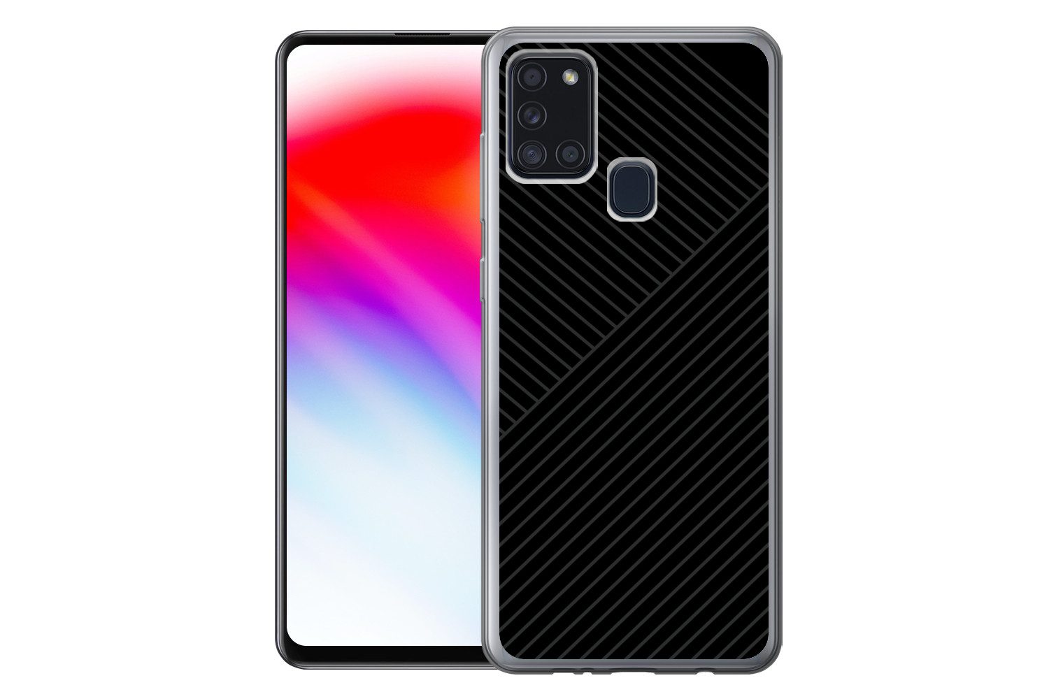 MuchoWow Handyhülle für Samsung Galaxy A21s Linien - Abstrakt - Schwarz - Grau - Minimalis, Smartphone-Bumper, Print, Handy Schutzhülle Dünn