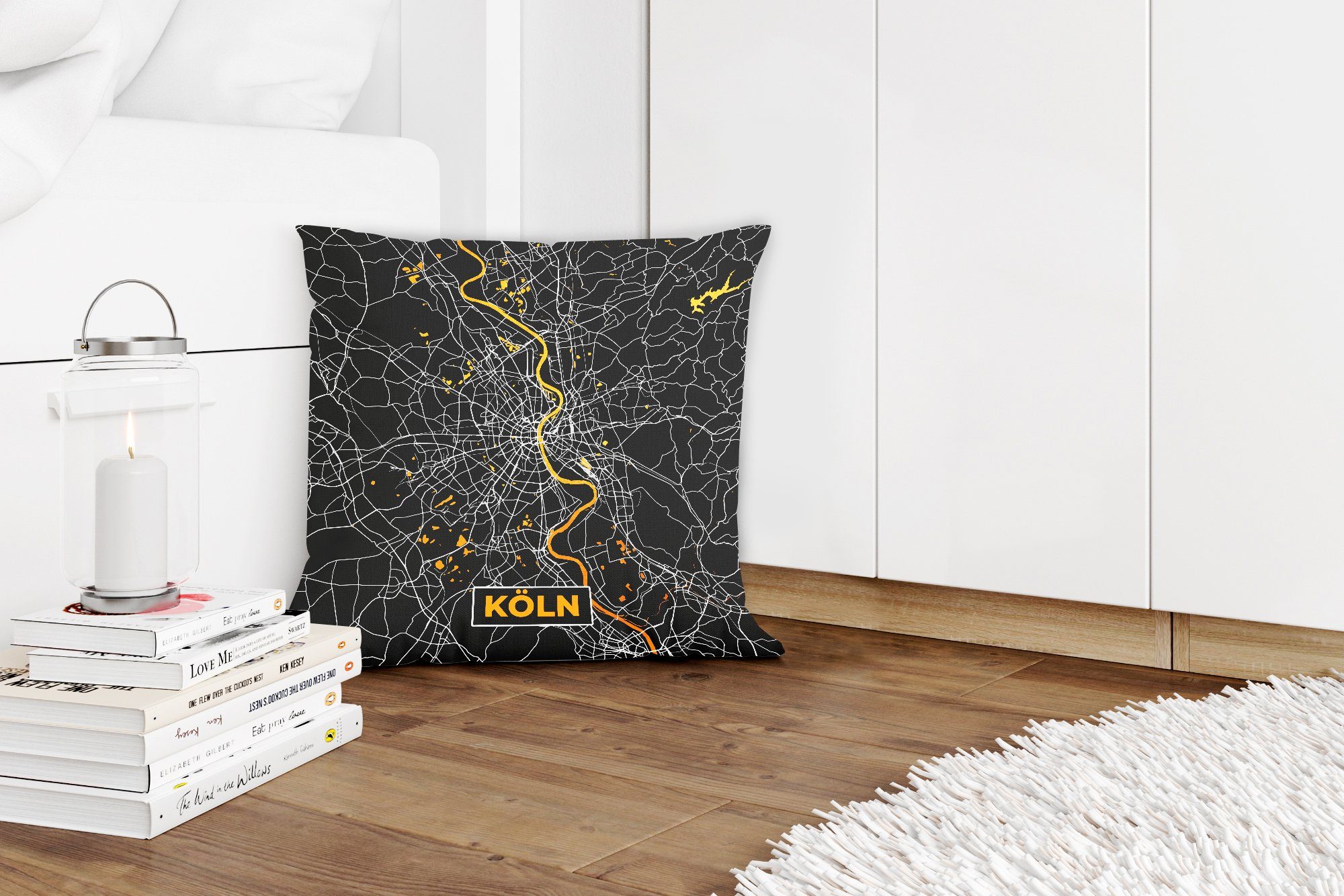 Deutschland Füllung Köln - mit Karte Gold, Sofakissen Wohzimmer, für Dekokissen MuchoWow Deko, - Schlafzimmer, Stadtplan Zierkissen - -
